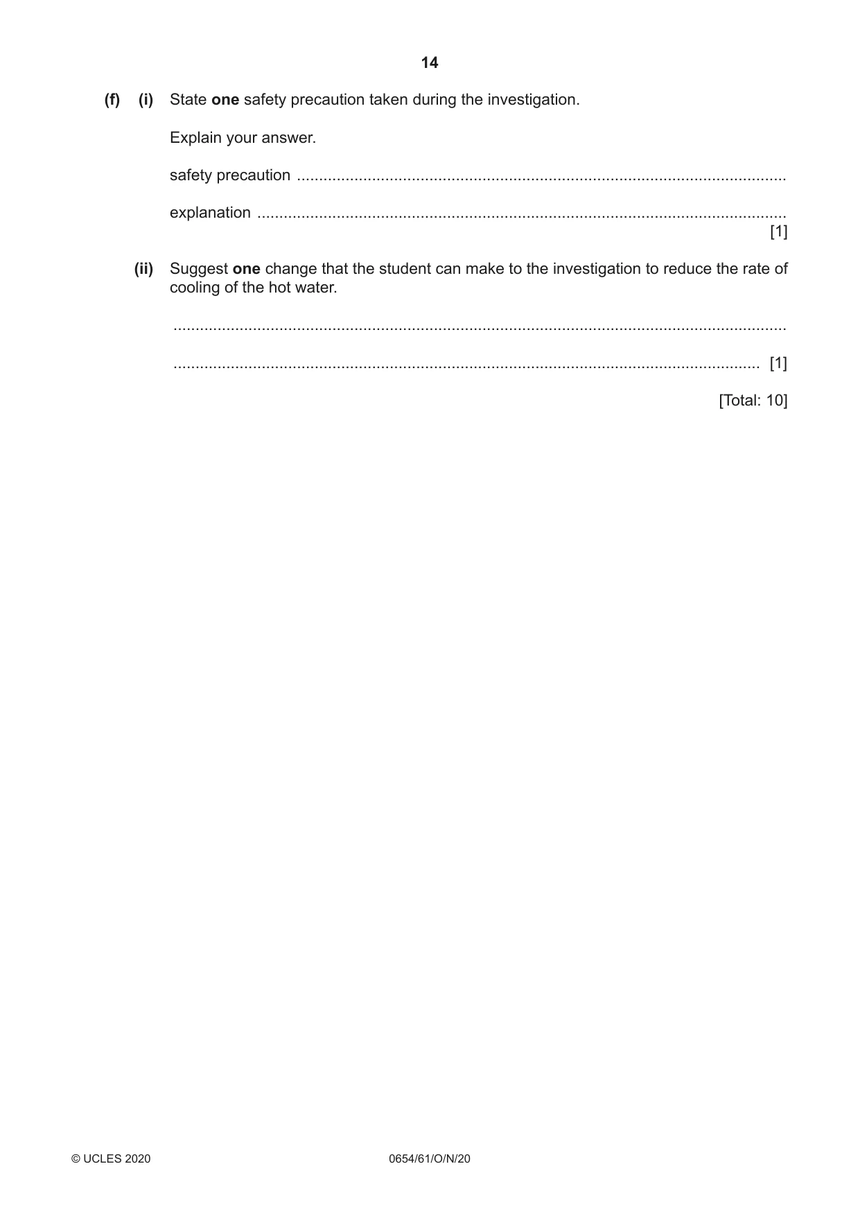 Cambridge IGCSE Sciences - Co-ordinated (Double) 0654 2020 Oct/Nov Paper 6 · Variant 1 question paper, page 14 of 16