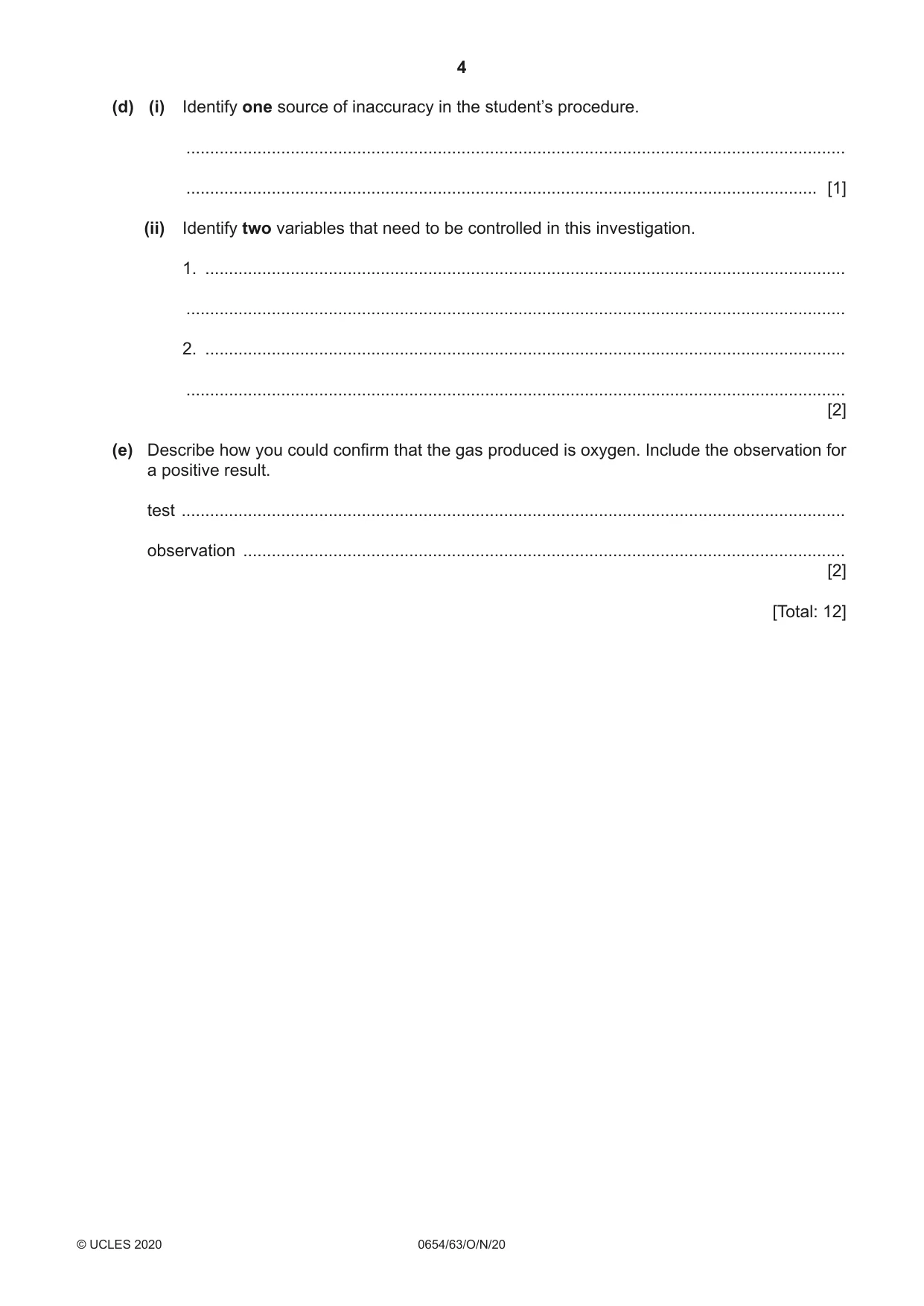 Cambridge IGCSE Sciences - Co-ordinated (Double) 0654 2020 Oct/Nov Paper 6 · Variant 3 question paper, page 4 of 16