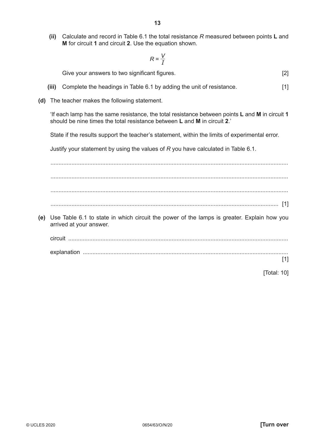 Cambridge IGCSE Sciences - Co-ordinated (Double) 0654 2020 Oct/Nov Paper 6 · Variant 3 question paper, page 13 of 16