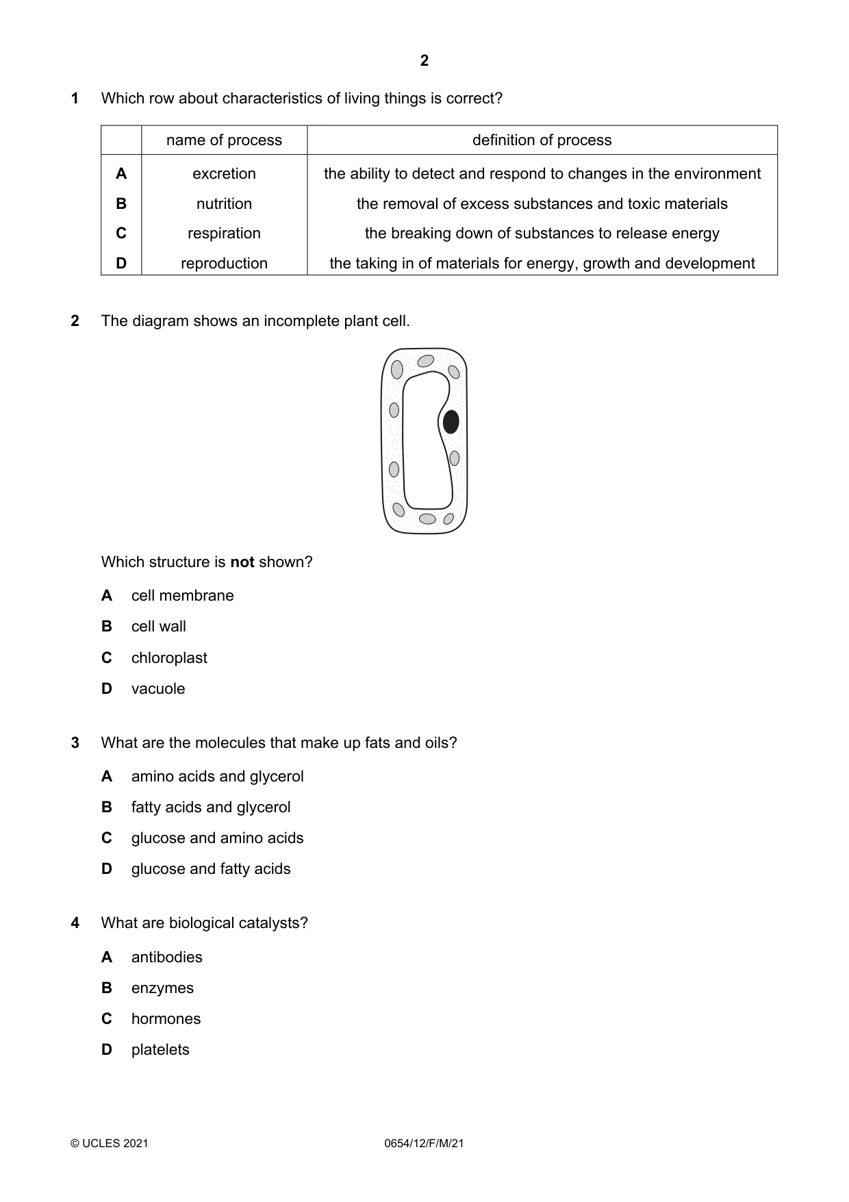 Cambridge IGCSE Sciences - Co-ordinated (Double) 0654 2021 Feb/March Paper 1 · Variant 2 question paper, page 2 of 16