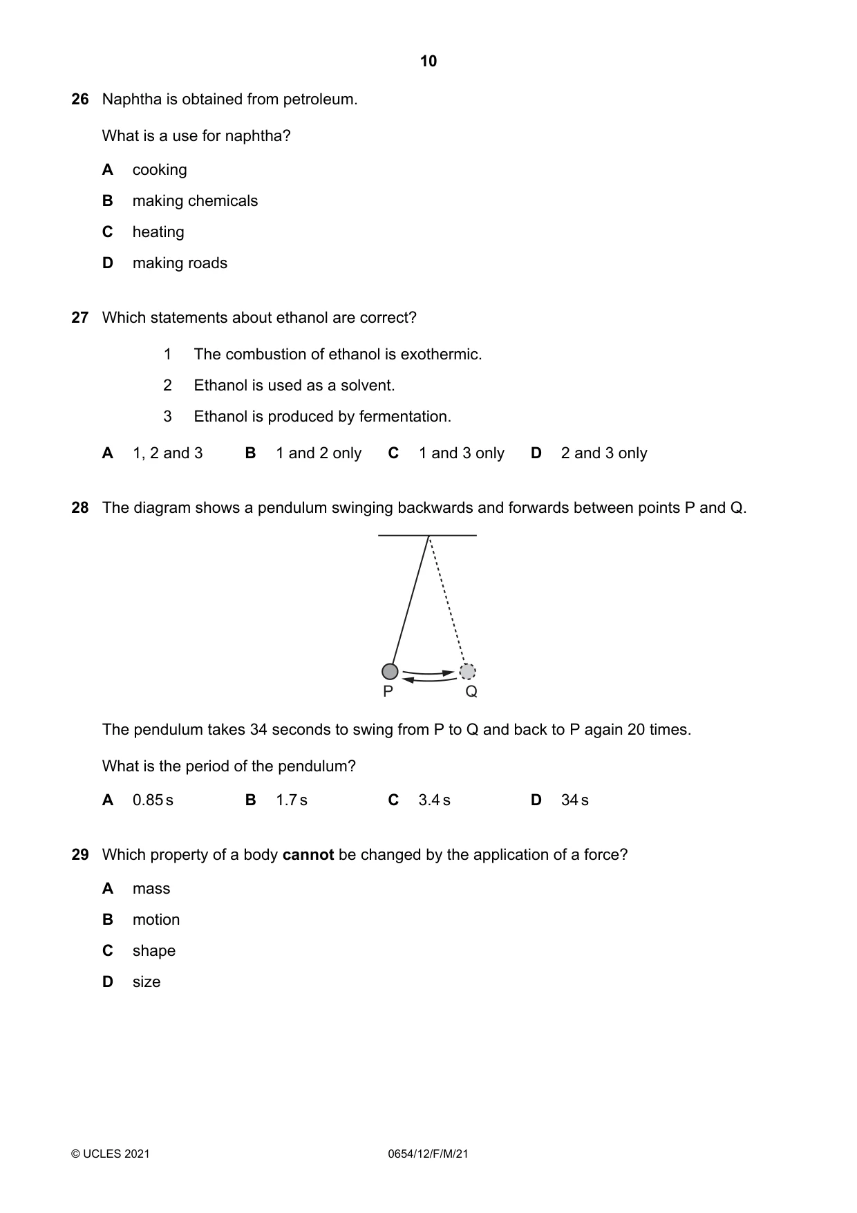 Cambridge IGCSE Sciences - Co-ordinated (Double) 0654 2021 Feb/March Paper 1 · Variant 2 question paper, page 10 of 16