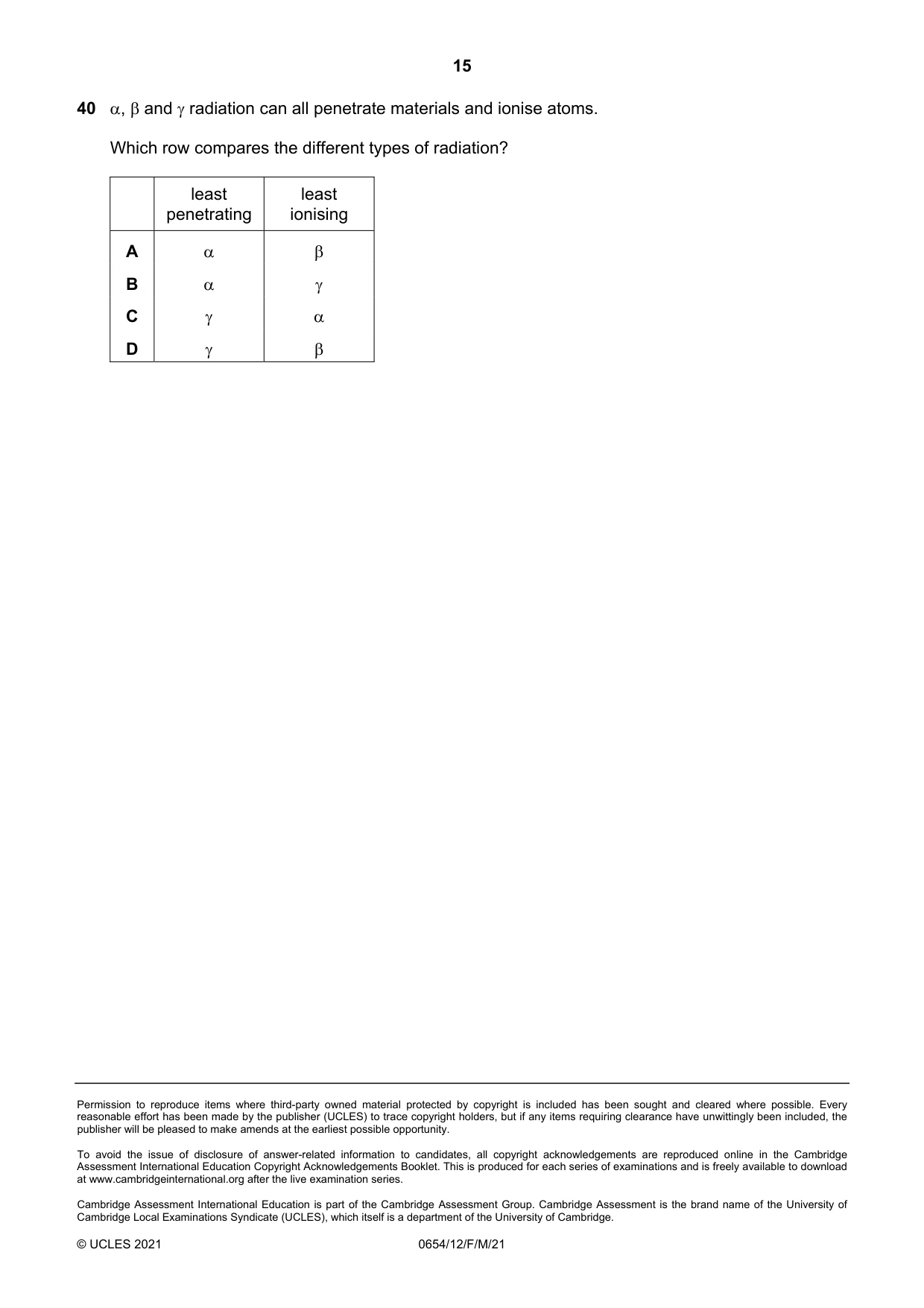 Cambridge IGCSE Sciences - Co-ordinated (Double) 0654 2021 Feb/March Paper 1 · Variant 2 question paper, page 15 of 16