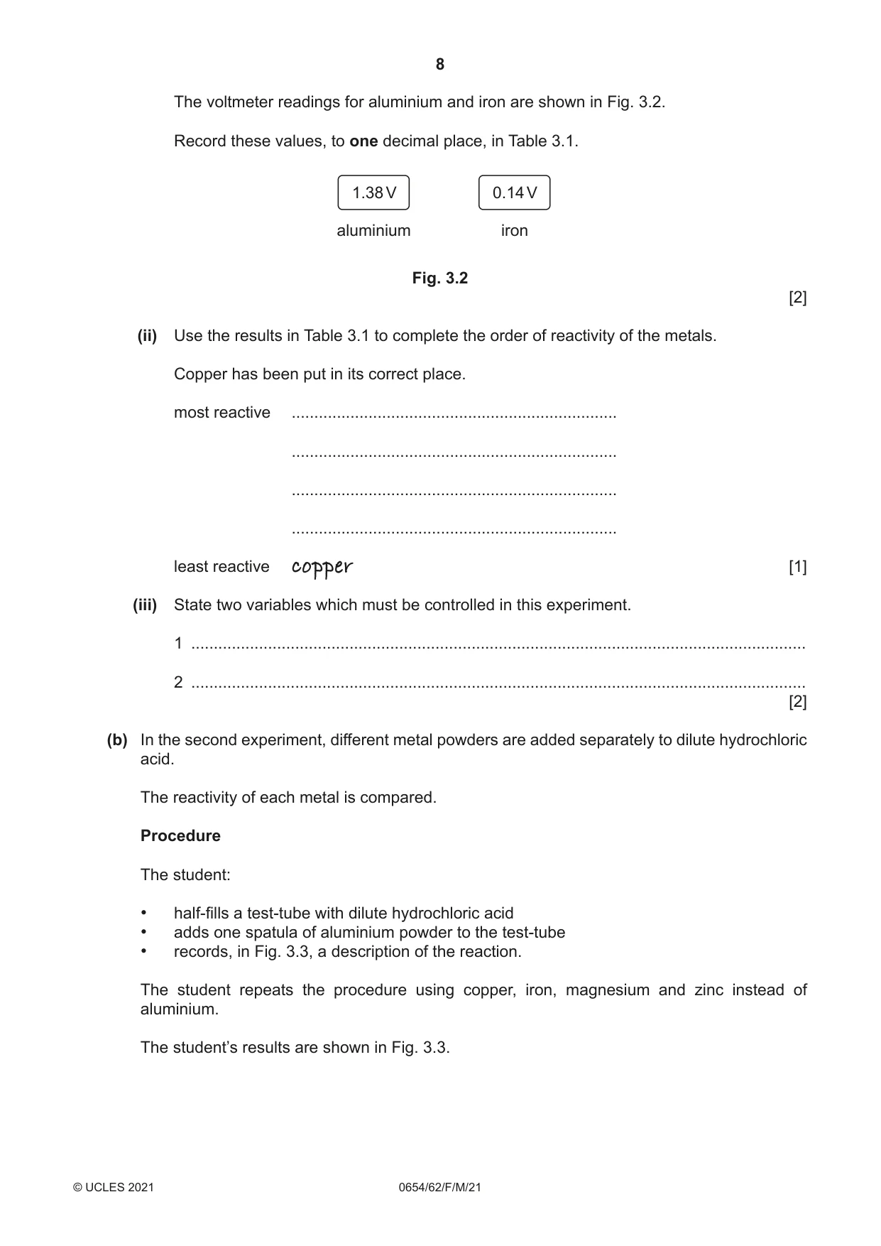 Cambridge IGCSE Sciences - Co-ordinated (Double) 0654 2021 Feb/March Paper 6 · Variant 2 question paper, page 8 of 20