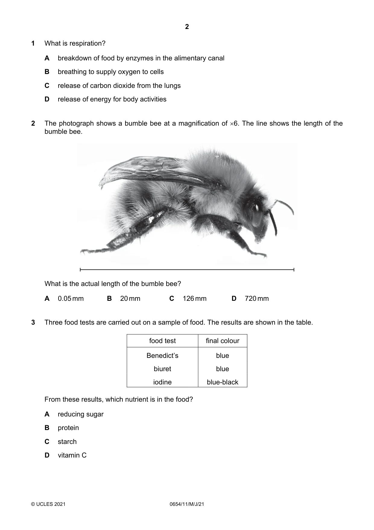 Cambridge IGCSE Sciences - Co-ordinated (Double) 0654 2021 May/June Paper 1 · Variant 1 question paper, page 2 of 20