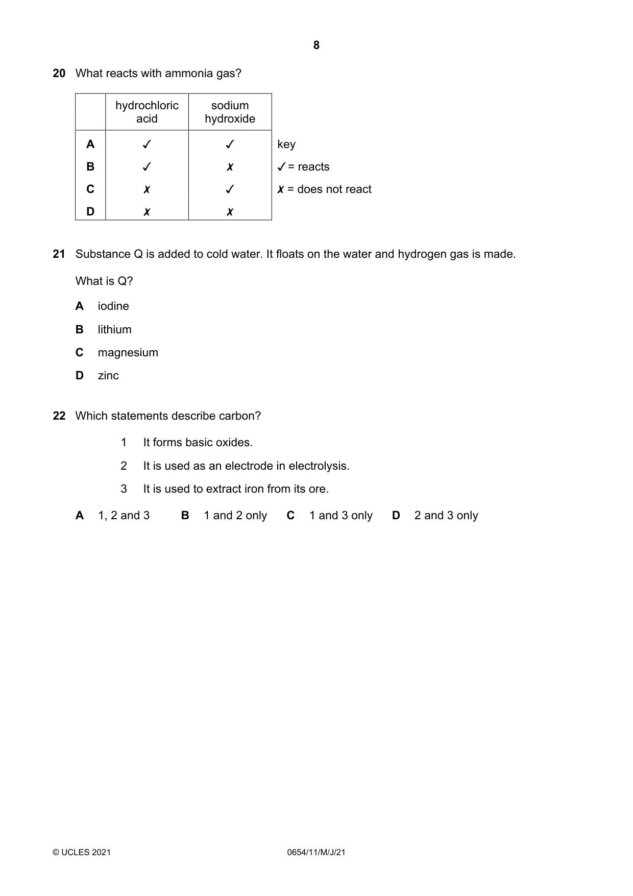 Cambridge IGCSE Sciences - Co-ordinated (Double) 0654 2021 May/June Paper 1 · Variant 1 question paper, page 8 of 20