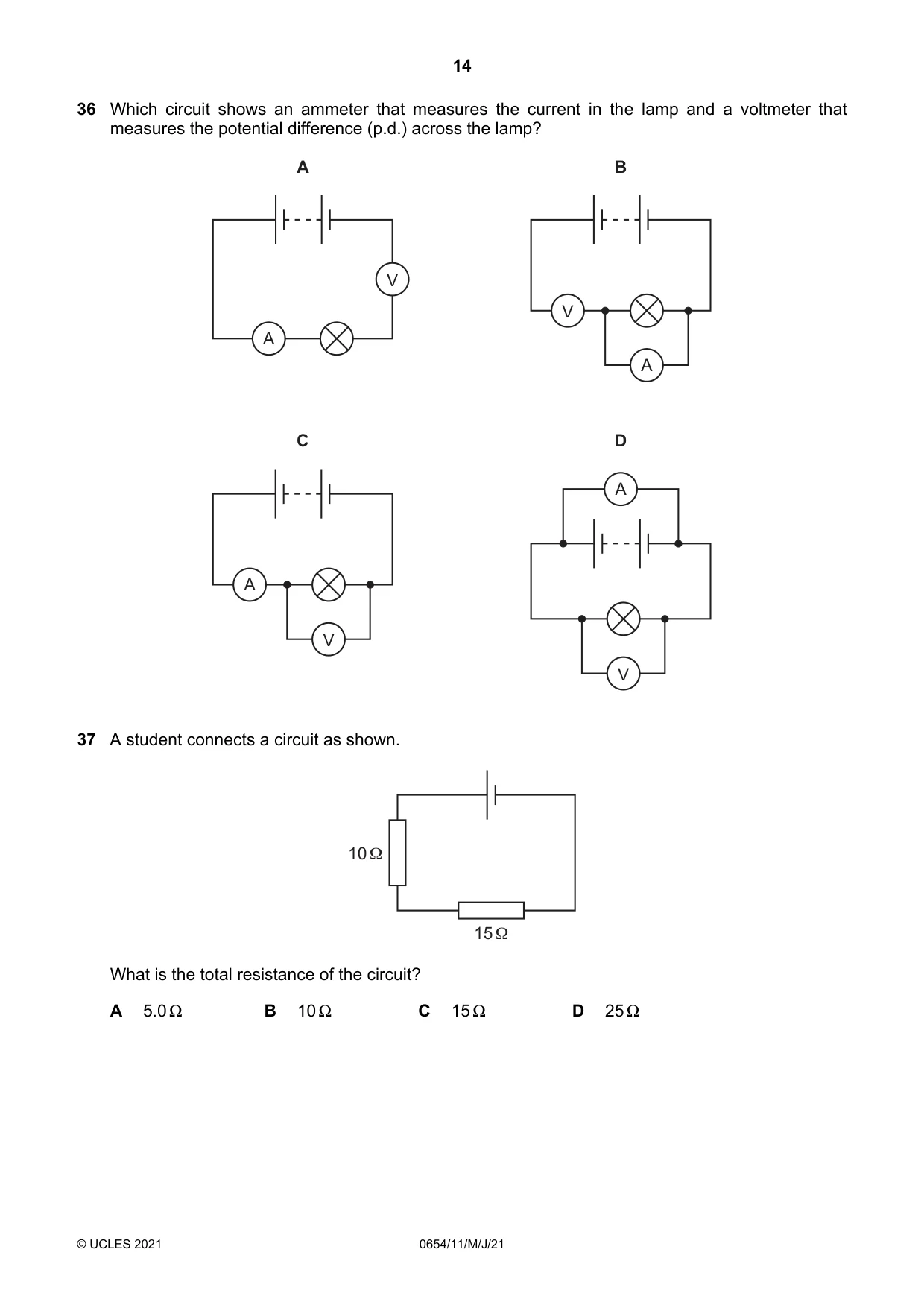 Cambridge IGCSE Sciences - Co-ordinated (Double) 0654 2021 May/June Paper 1 · Variant 1 question paper, page 14 of 20