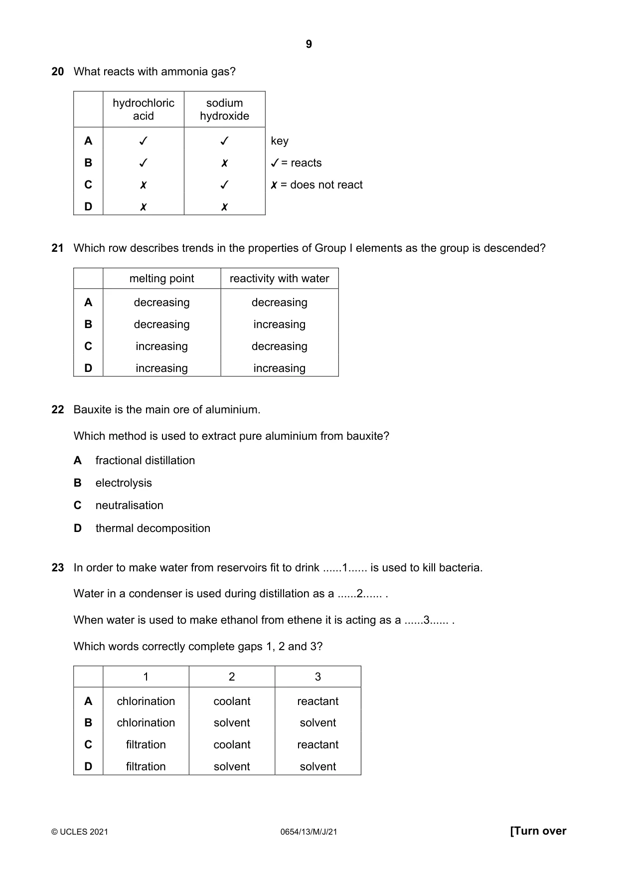 Cambridge IGCSE Sciences - Co-ordinated (Double) 0654 2021 May/June Paper 1 · Variant 3 question paper, page 9 of 16
