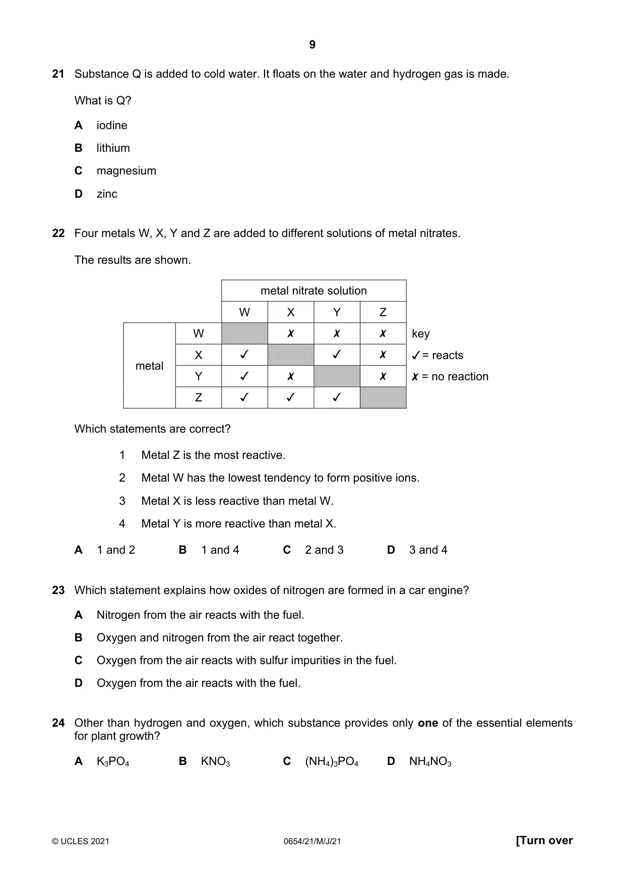 Cambridge IGCSE Sciences - Co-ordinated (Double) 0654 2021 May/June Paper 2 · Variant 1 question paper, page 9 of 16
