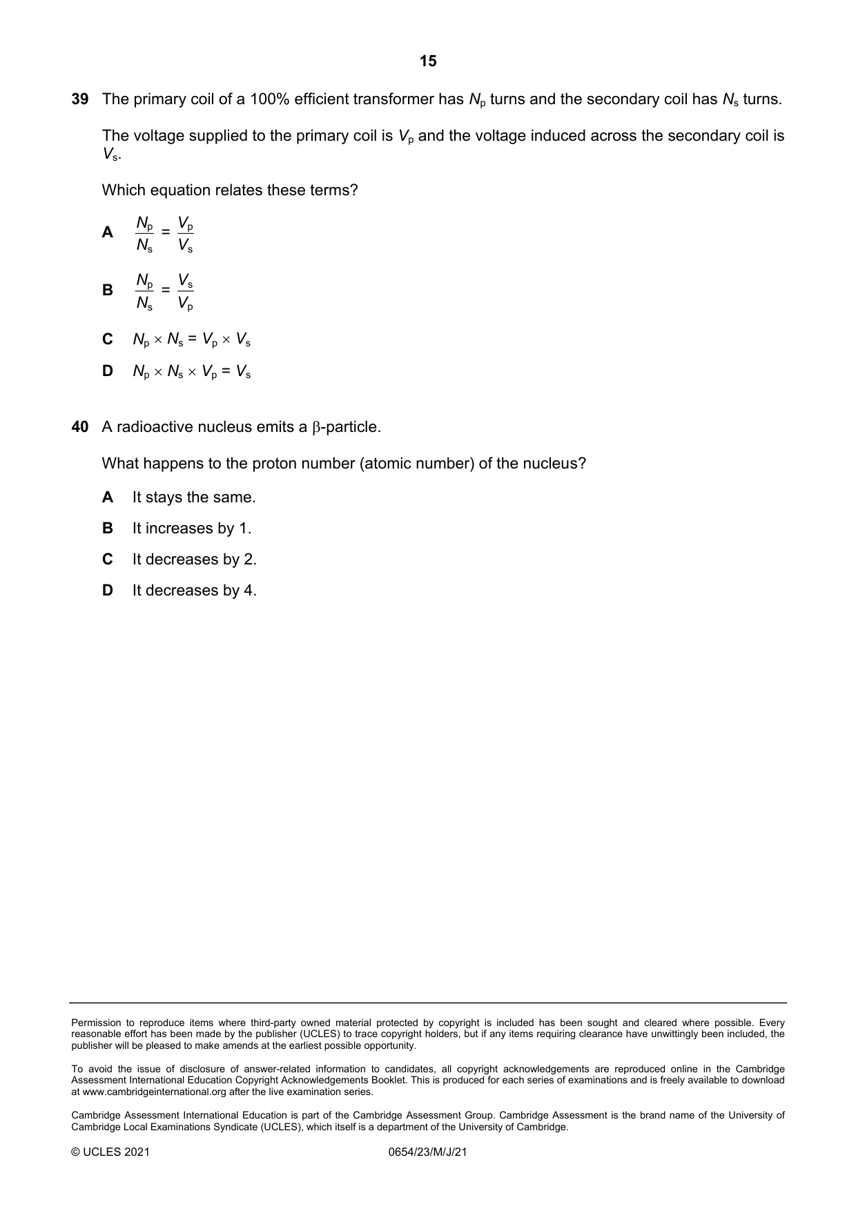 Cambridge IGCSE Sciences - Co-ordinated (Double) 0654 2021 May/June Paper 2 · Variant 3 question paper, page 15 of 16