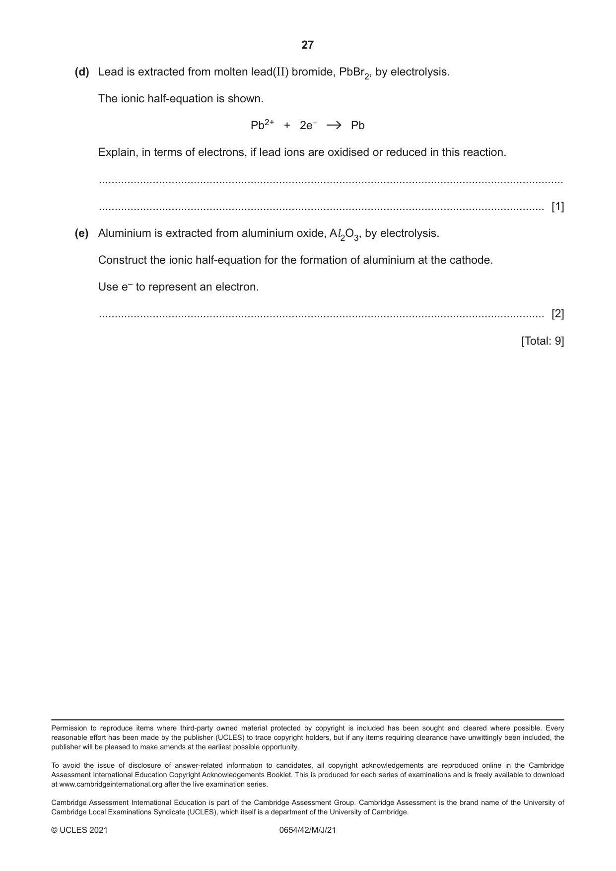 Cambridge IGCSE Sciences - Co-ordinated (Double) 0654 2021 May/June Paper 4 · Variant 2 question paper, page 27 of 28
