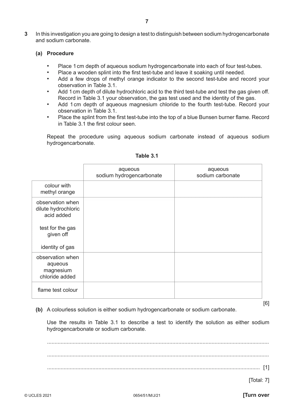 Cambridge IGCSE Sciences - Co-ordinated (Double) 0654 2021 May/June Paper 5 · Variant 1 question paper, page 7 of 20