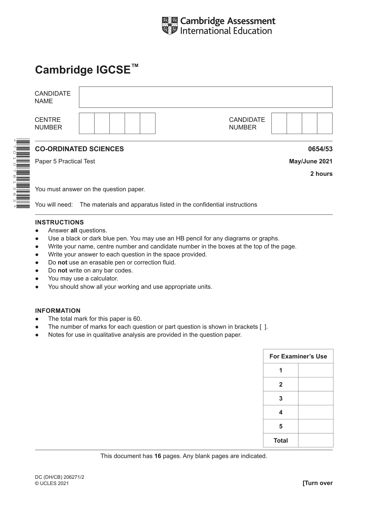 Cambridge IGCSE Sciences - Co-ordinated (Double) 0654 2021 May/June Paper 5 · Variant 3 question paper, page 1 of 16