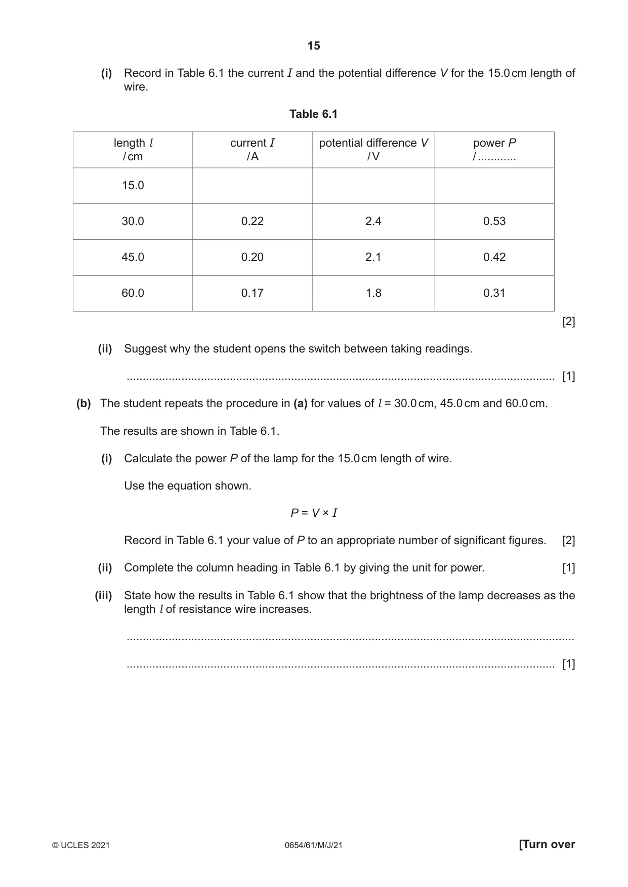 Cambridge IGCSE Sciences - Co-ordinated (Double) 0654 2021 May/June Paper 6 · Variant 1 question paper, page 15 of 20