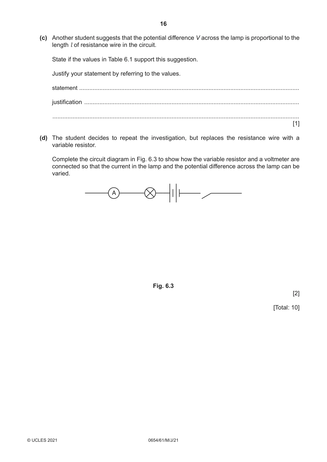 Cambridge IGCSE Sciences - Co-ordinated (Double) 0654 2021 May/June Paper 6 · Variant 1 question paper, page 16 of 20