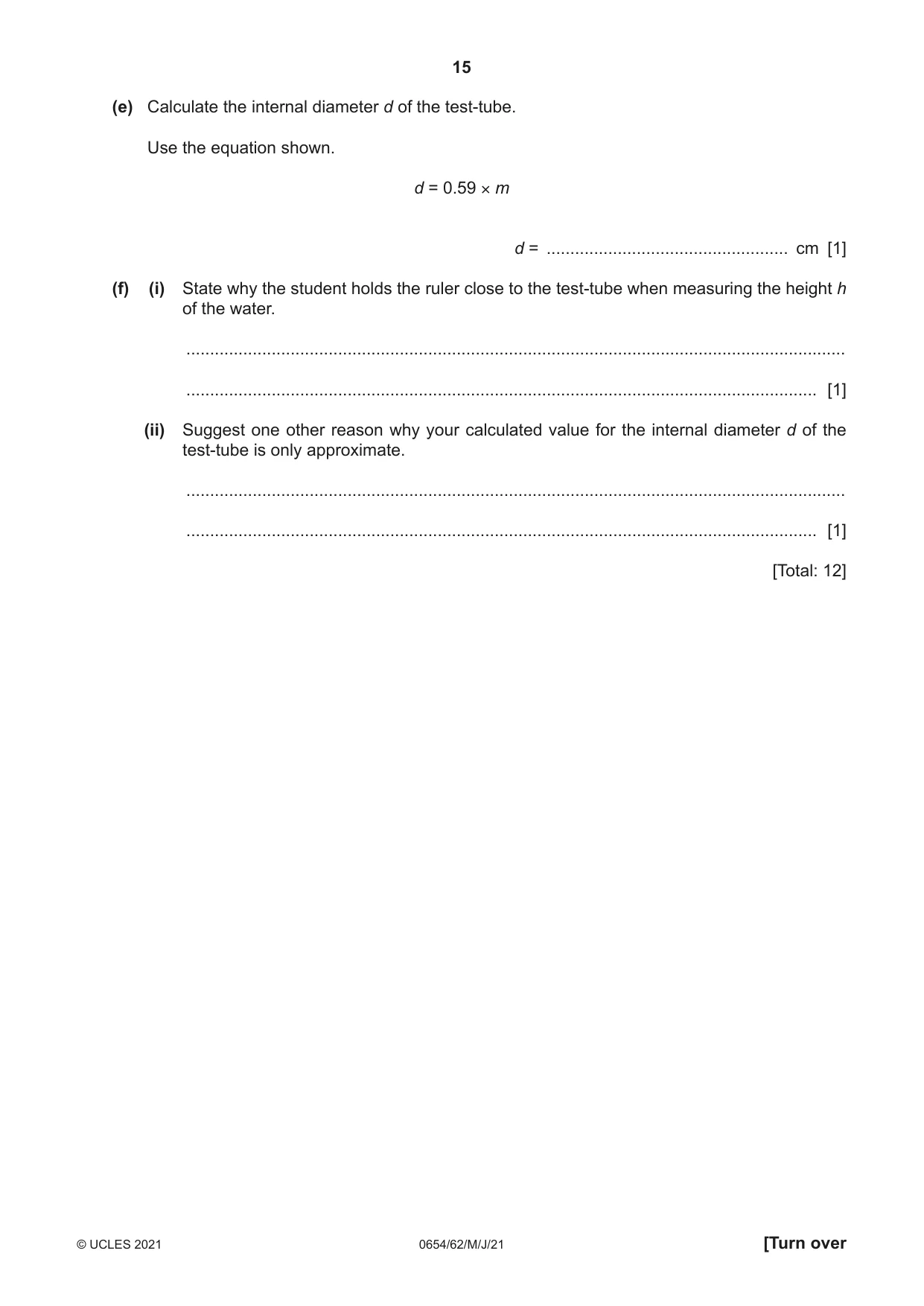 Cambridge IGCSE Sciences - Co-ordinated (Double) 0654 2021 May/June Paper 6 · Variant 2 question paper, page 15 of 20