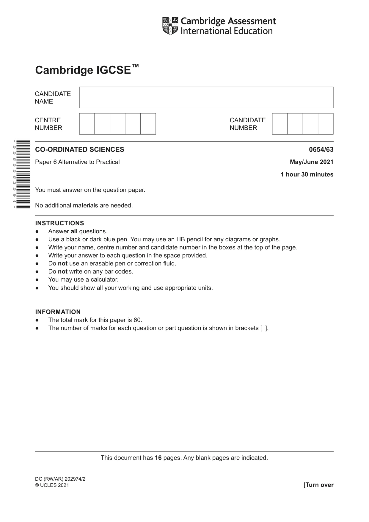 Cambridge IGCSE Sciences - Co-ordinated (Double) 0654 2021 May/June Paper 6 · Variant 3 question paper, page 1 of 16
