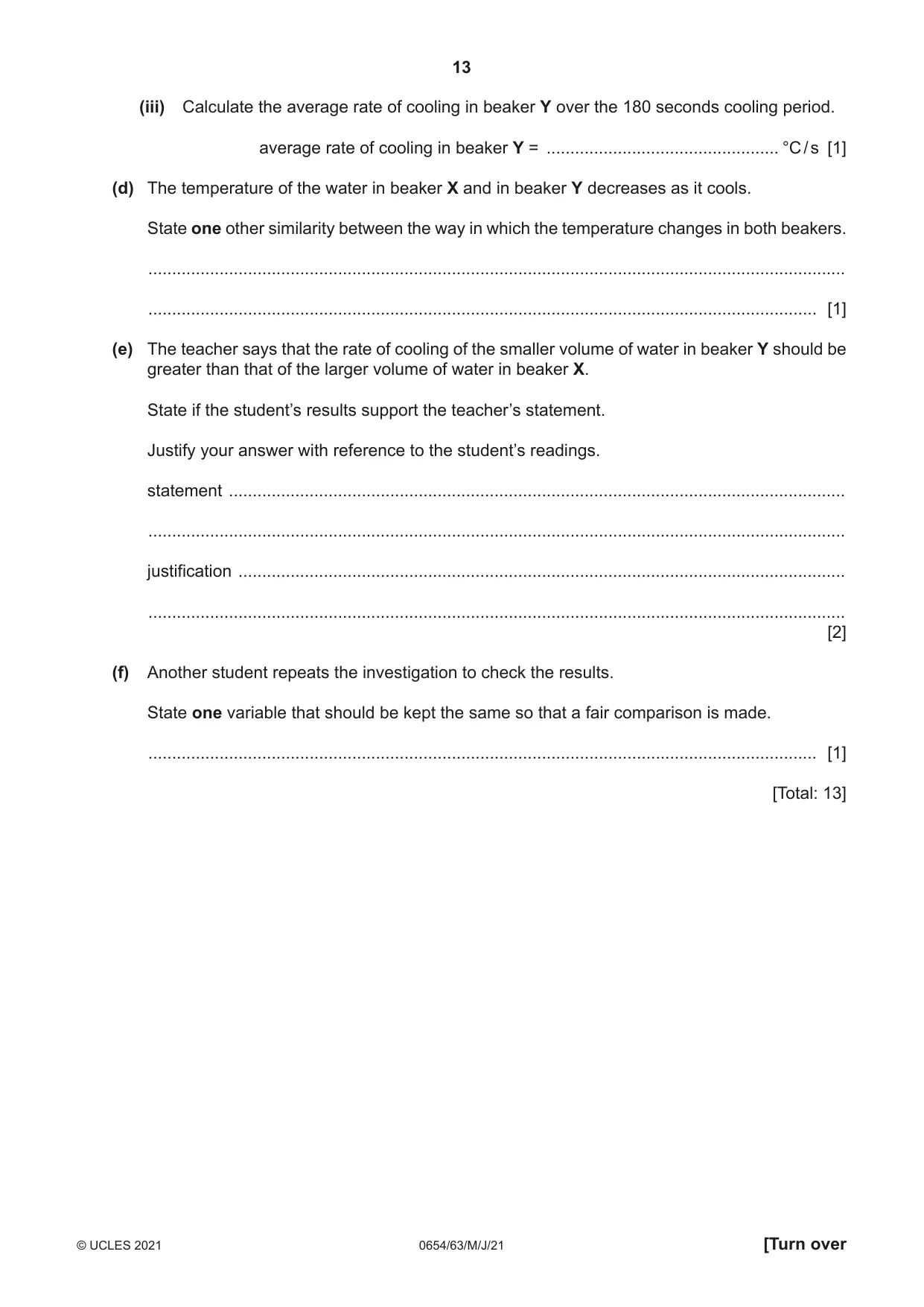 Cambridge IGCSE Sciences - Co-ordinated (Double) 0654 2021 May/June Paper 6 · Variant 3 question paper, page 13 of 16