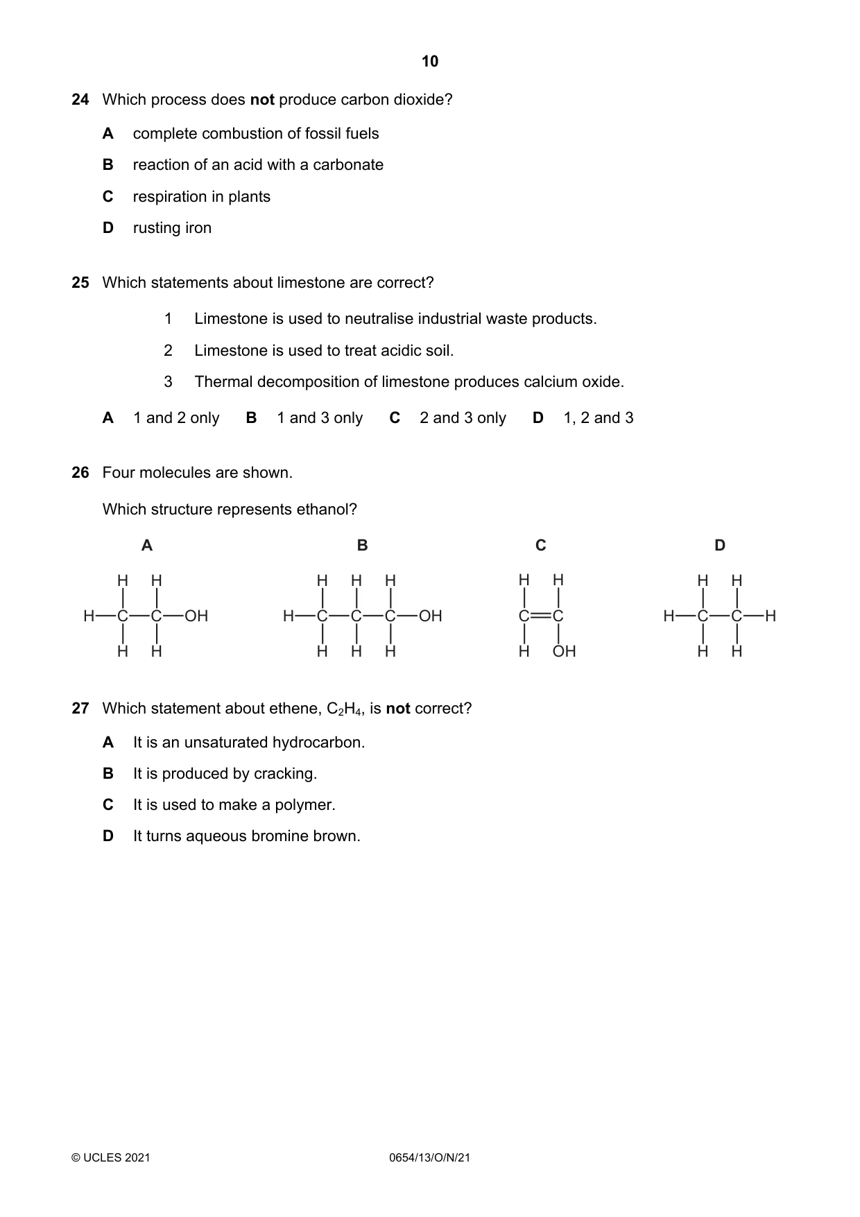 Cambridge IGCSE Sciences - Co-ordinated (Double) 0654 2021 Oct/Nov Paper 1 · Variant 3 question paper, page 10 of 16