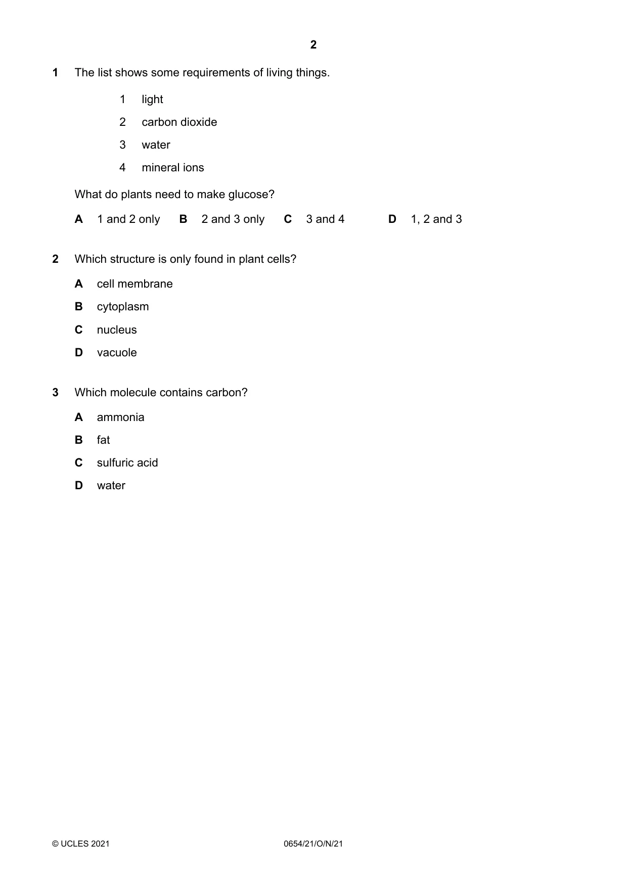 Cambridge IGCSE Sciences - Co-ordinated (Double) 0654 2021 Oct/Nov Paper 2 · Variant 1 question paper, page 2 of 16