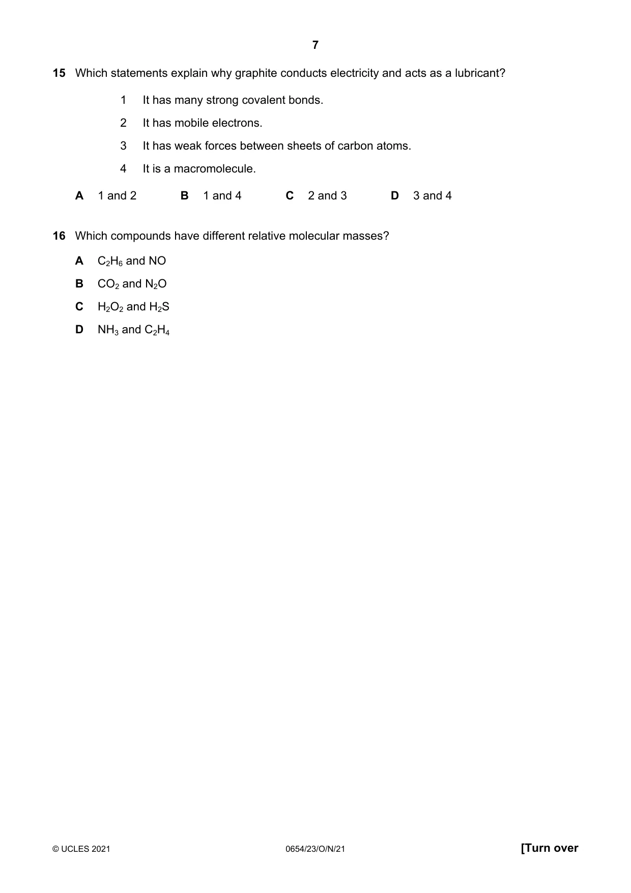 Cambridge IGCSE Sciences - Co-ordinated (Double) 0654 2021 Oct/Nov Paper 2 · Variant 3 question paper, page 7 of 16