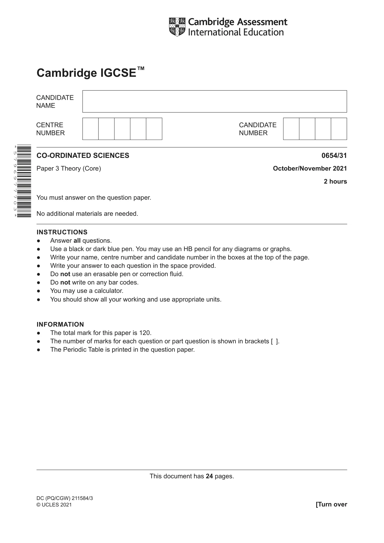 Cambridge IGCSE Sciences - Co-ordinated (Double) 0654 2021 Oct/Nov Paper 3 · Variant 1 question paper, page 1 of 24