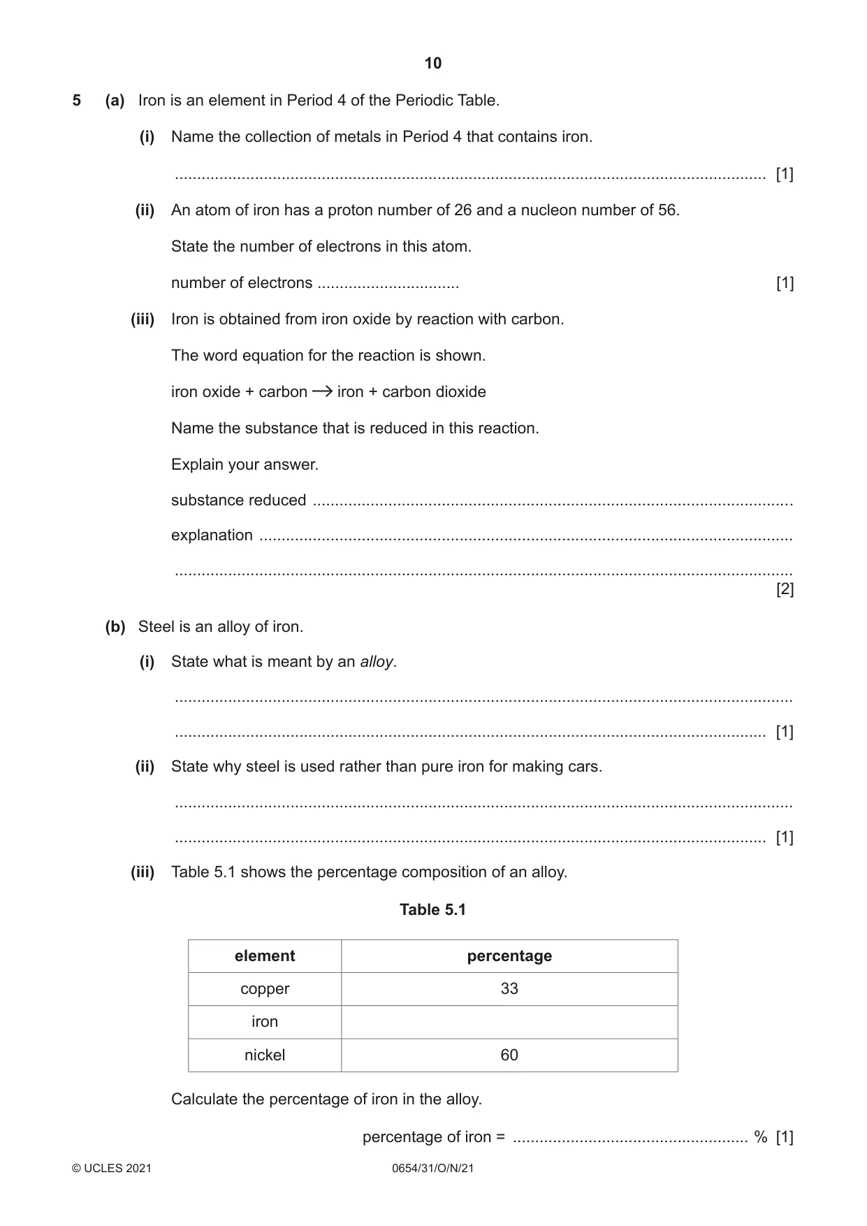 Cambridge IGCSE Sciences - Co-ordinated (Double) 0654 2021 Oct/Nov Paper 3 · Variant 1 question paper, page 10 of 24