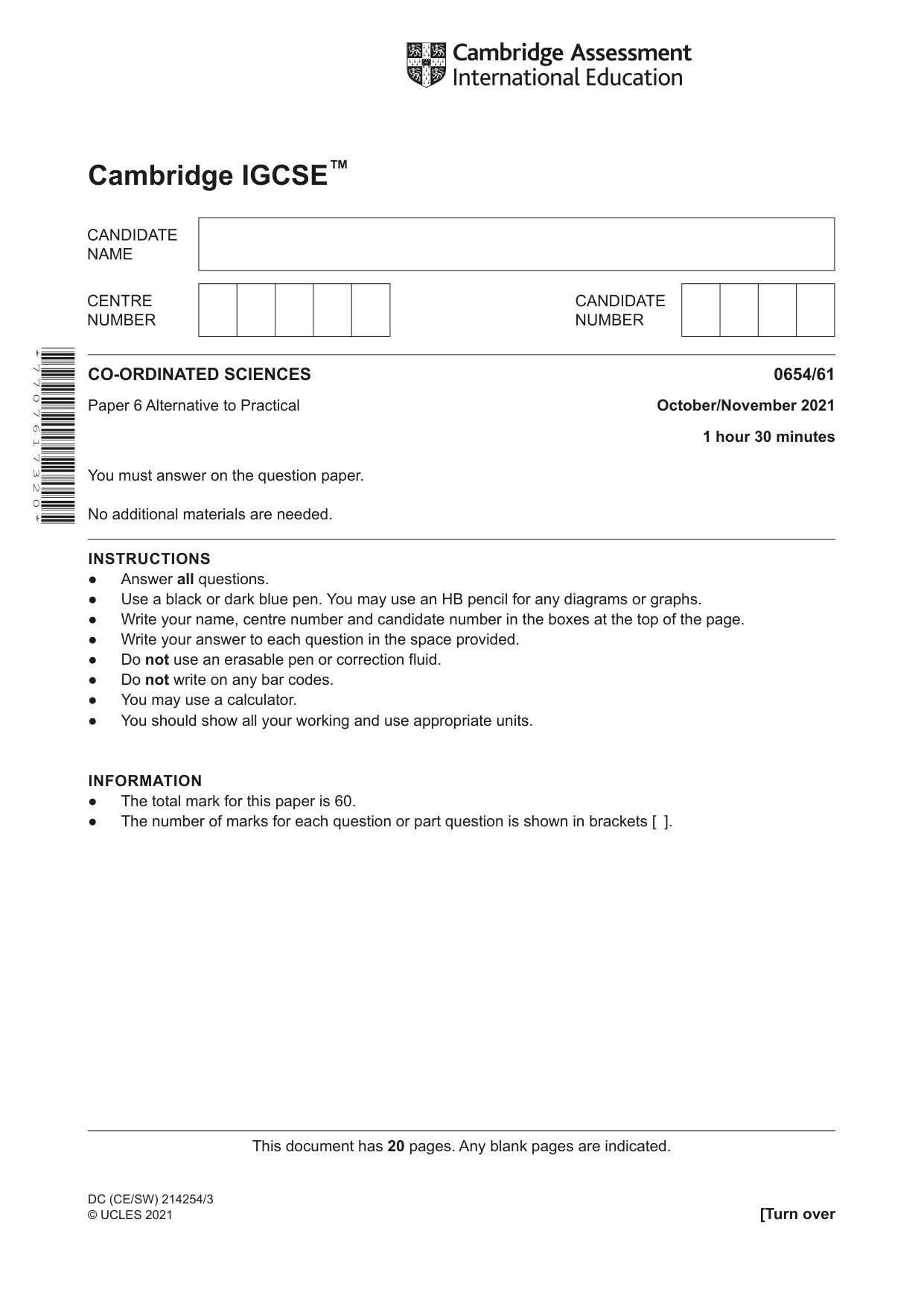 Cambridge IGCSE Sciences - Co-ordinated (Double) 0654 2021 Oct/Nov Paper 6 · Variant 1 question paper, page 1 of 20