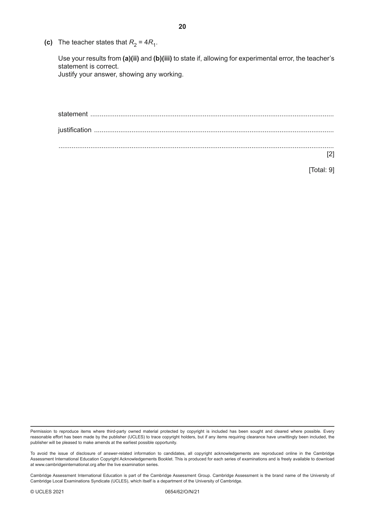 Cambridge IGCSE Sciences - Co-ordinated (Double) 0654 2021 Oct/Nov Paper 6 · Variant 2 question paper, page 20 of 20