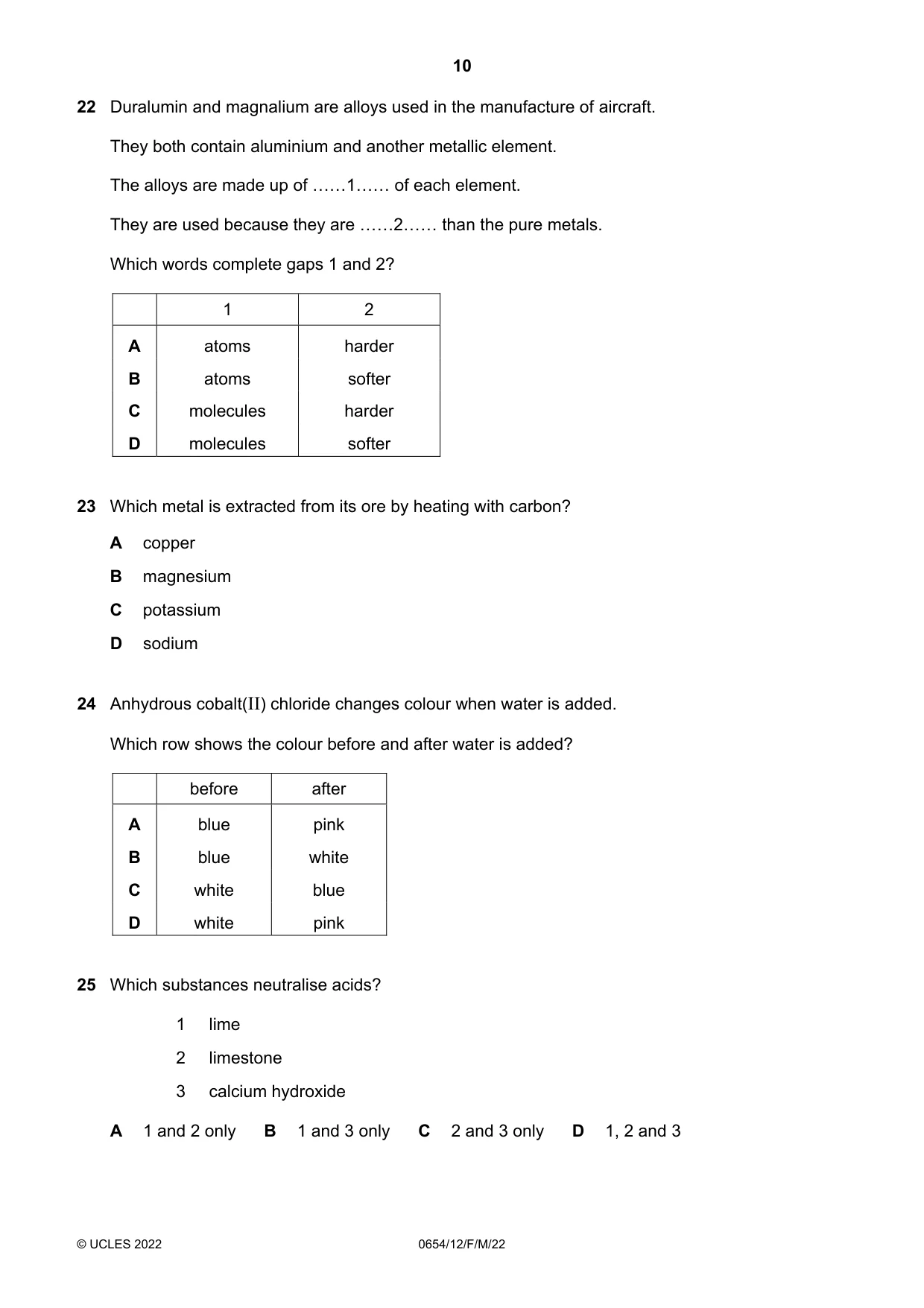 Cambridge IGCSE Sciences - Co-ordinated (Double) 0654 2022 Feb/March Paper 1 · Variant 2 question paper, page 10 of 20