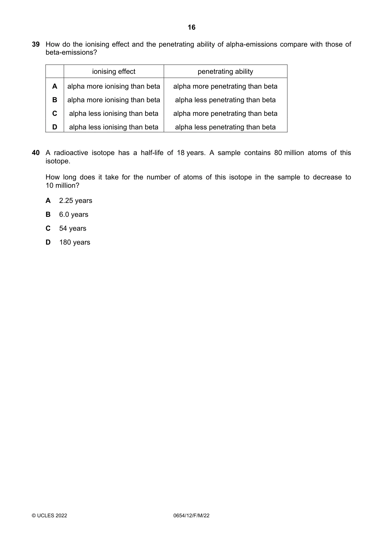 Cambridge IGCSE Sciences - Co-ordinated (Double) 0654 2022 Feb/March Paper 1 · Variant 2 question paper, page 16 of 20