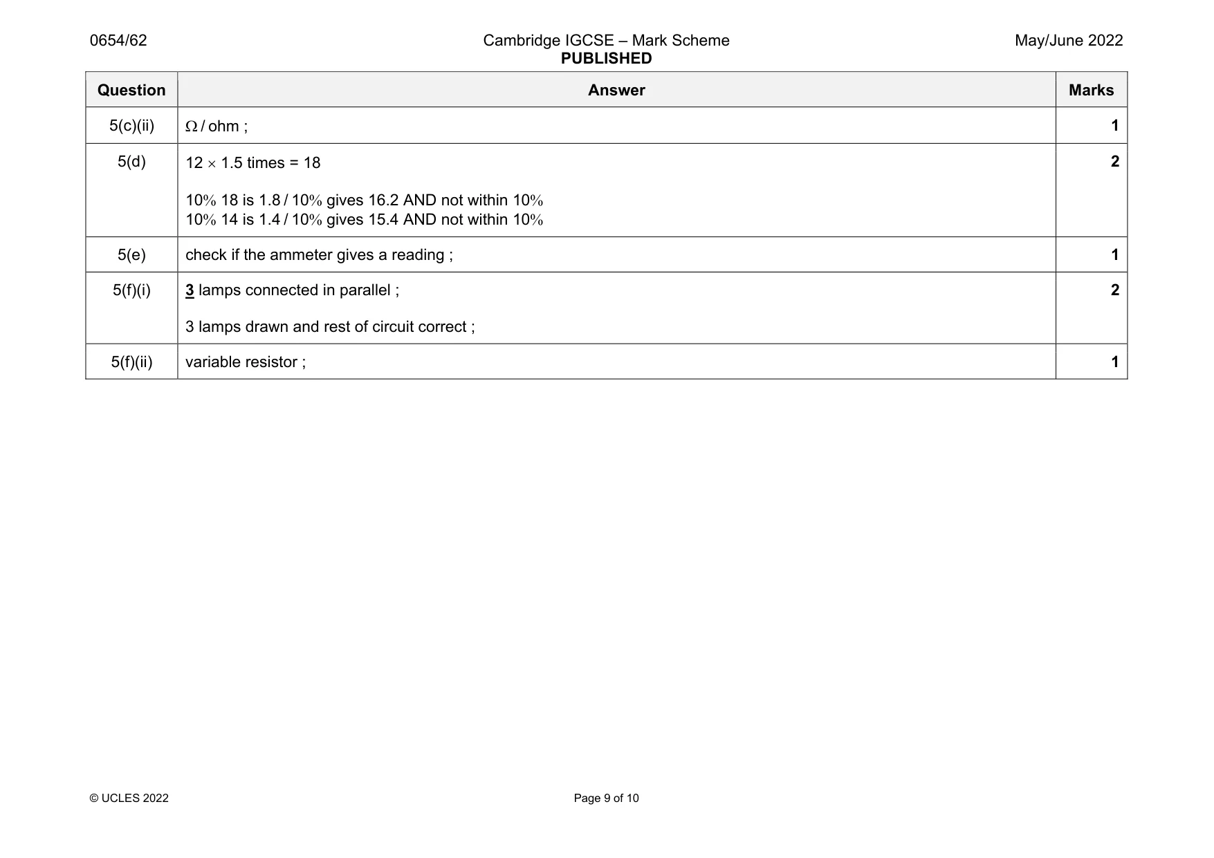 Mark scheme, page 9 of 10