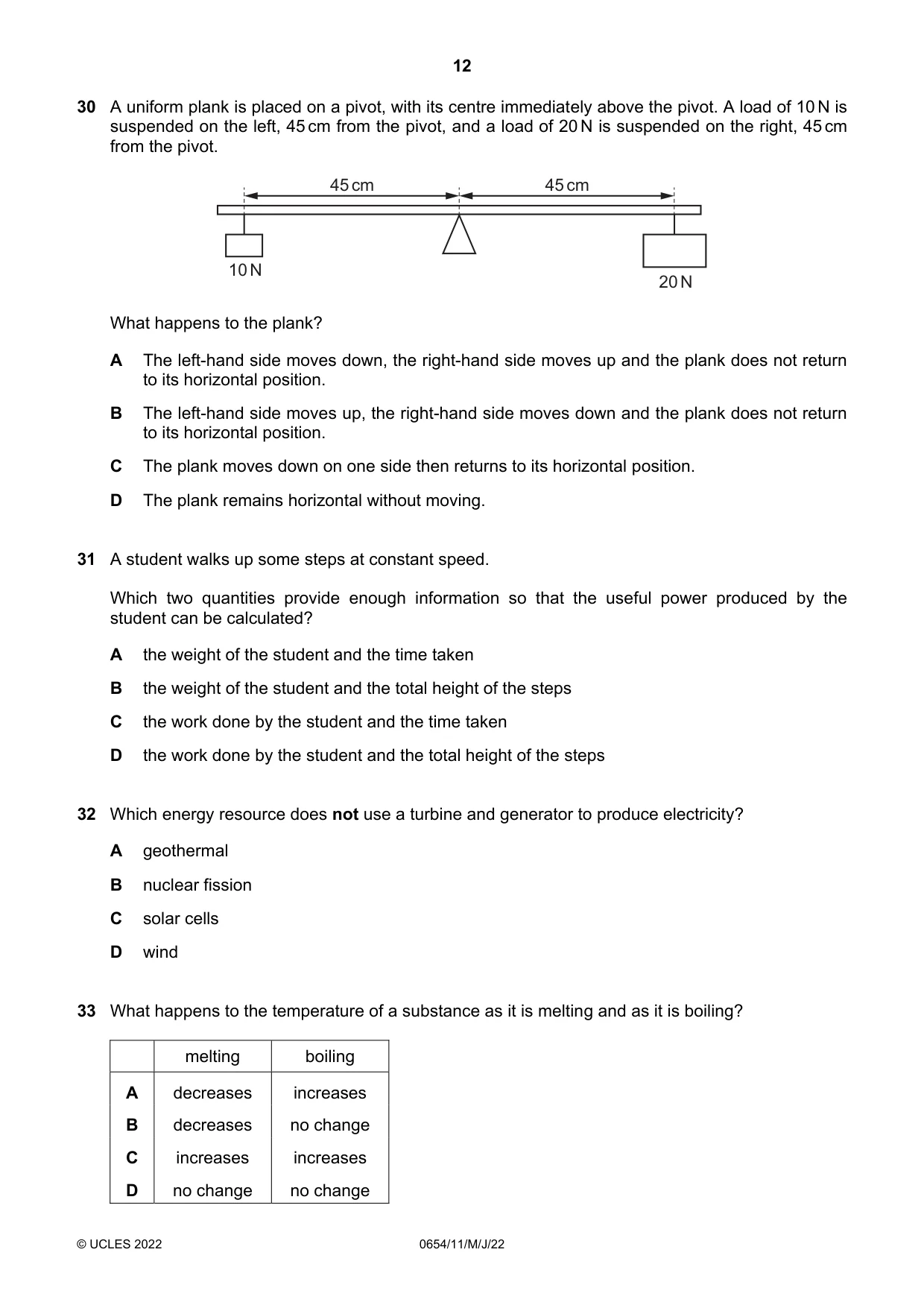 Cambridge IGCSE Sciences - Co-ordinated (Double) 0654 2022 May/June Paper 1 · Variant 1 question paper, page 12 of 16