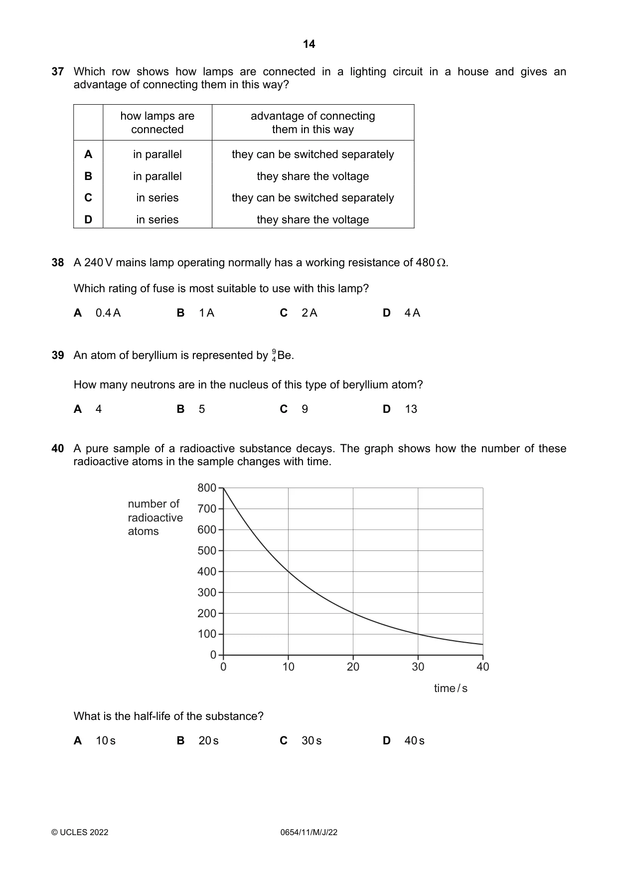 Cambridge IGCSE Sciences - Co-ordinated (Double) 0654 2022 May/June Paper 1 · Variant 1 question paper, page 14 of 16