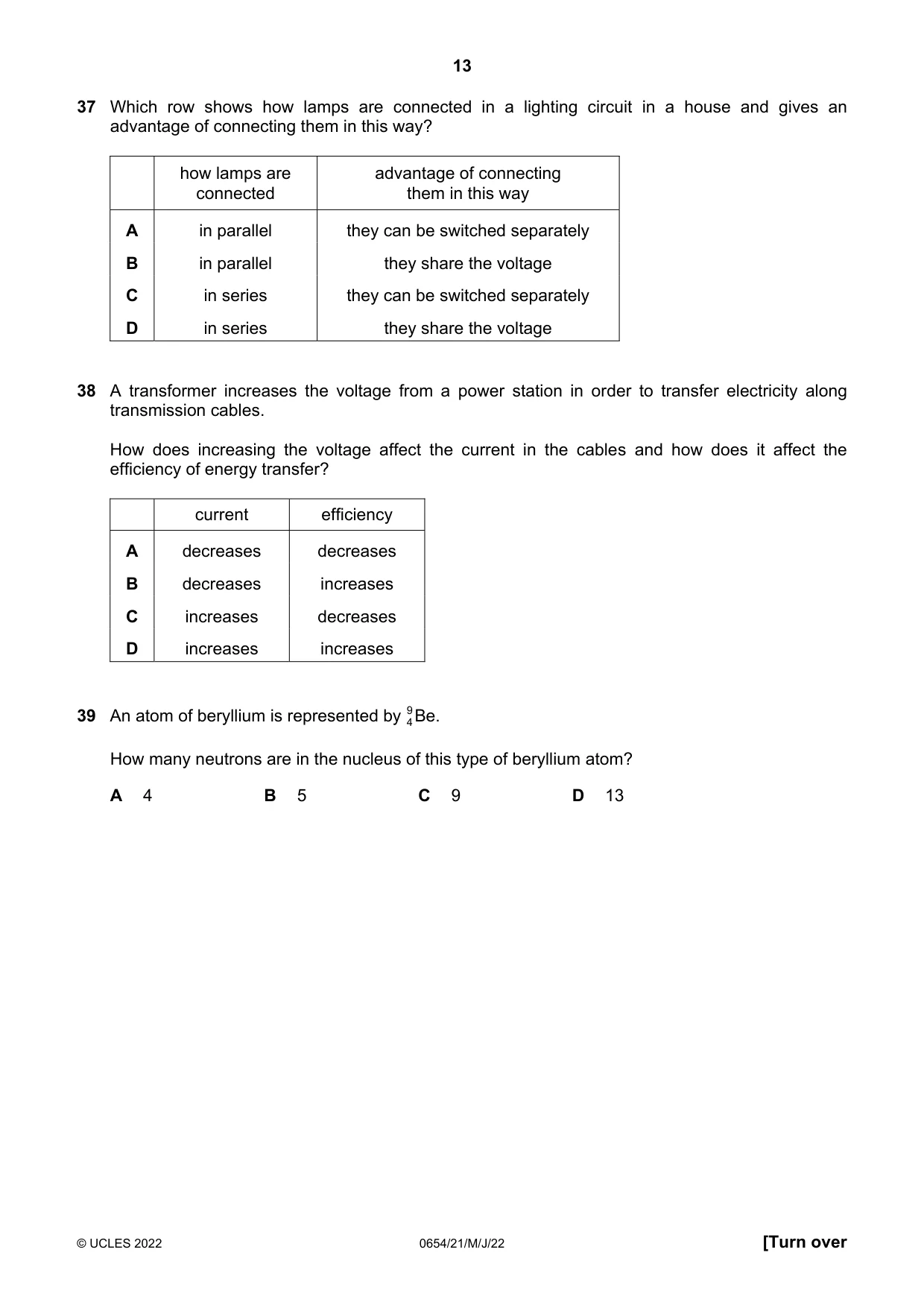 Cambridge IGCSE Sciences - Co-ordinated (Double) 0654 2022 May/June Paper 2 · Variant 1 question paper, page 13 of 16