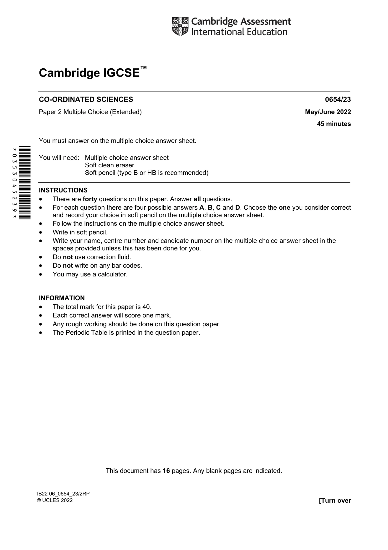 Cambridge IGCSE Sciences - Co-ordinated (Double) 0654 2022 May/June Paper 2 · Variant 3 question paper, page 1 of 16