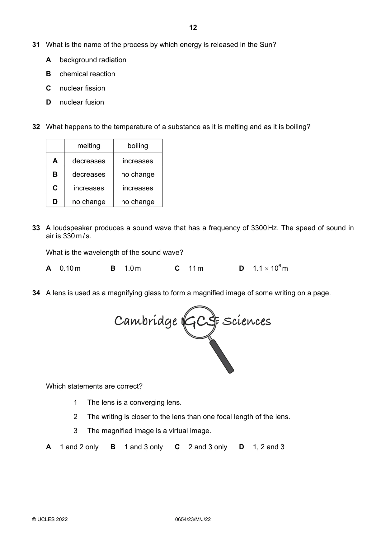 Cambridge IGCSE Sciences - Co-ordinated (Double) 0654 2022 May/June Paper 2 · Variant 3 question paper, page 12 of 16