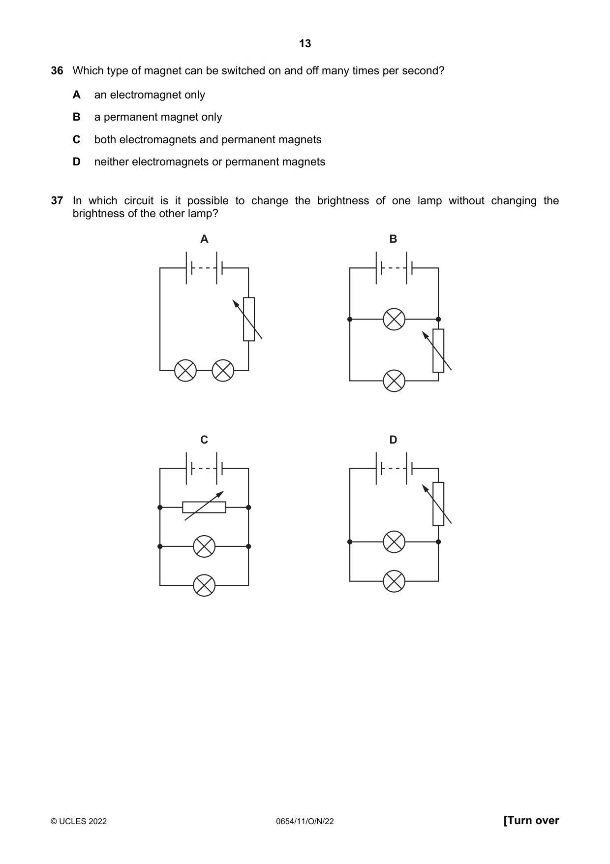 Cambridge IGCSE Sciences - Co-ordinated (Double) 0654 2022 Oct/Nov Paper 1 · Variant 1 question paper, page 13 of 16