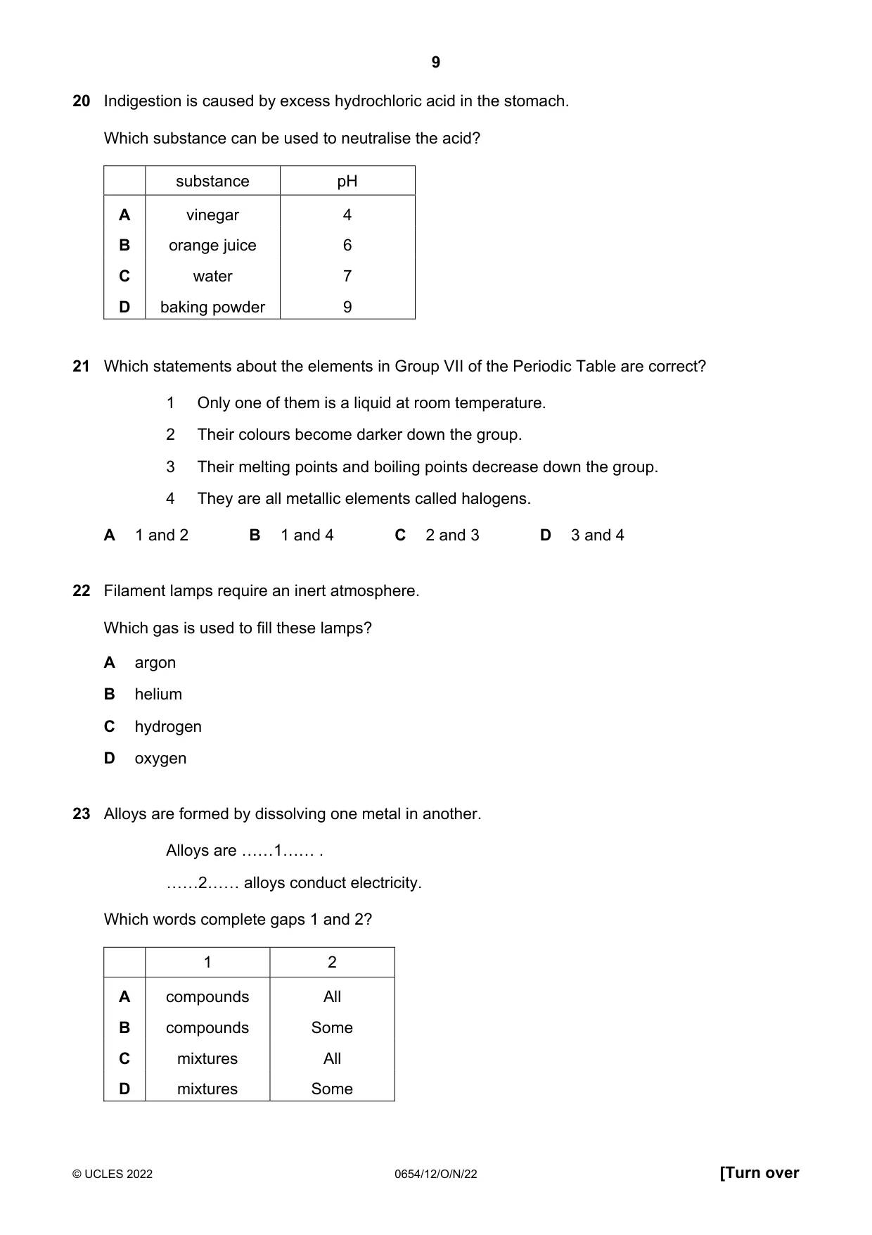Cambridge IGCSE Sciences - Co-ordinated (Double) 0654 2022 Oct/Nov Paper 1 · Variant 2 question paper, page 9 of 16