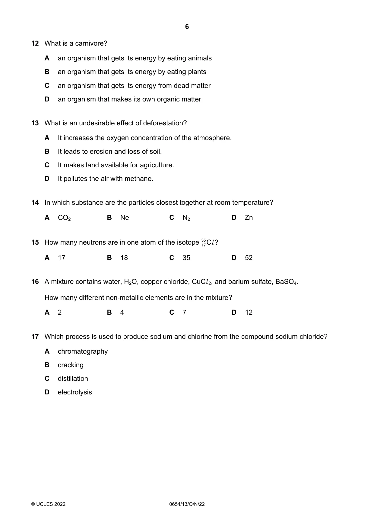Cambridge IGCSE Sciences - Co-ordinated (Double) 0654 2022 Oct/Nov Paper 1 · Variant 3 question paper, page 6 of 16