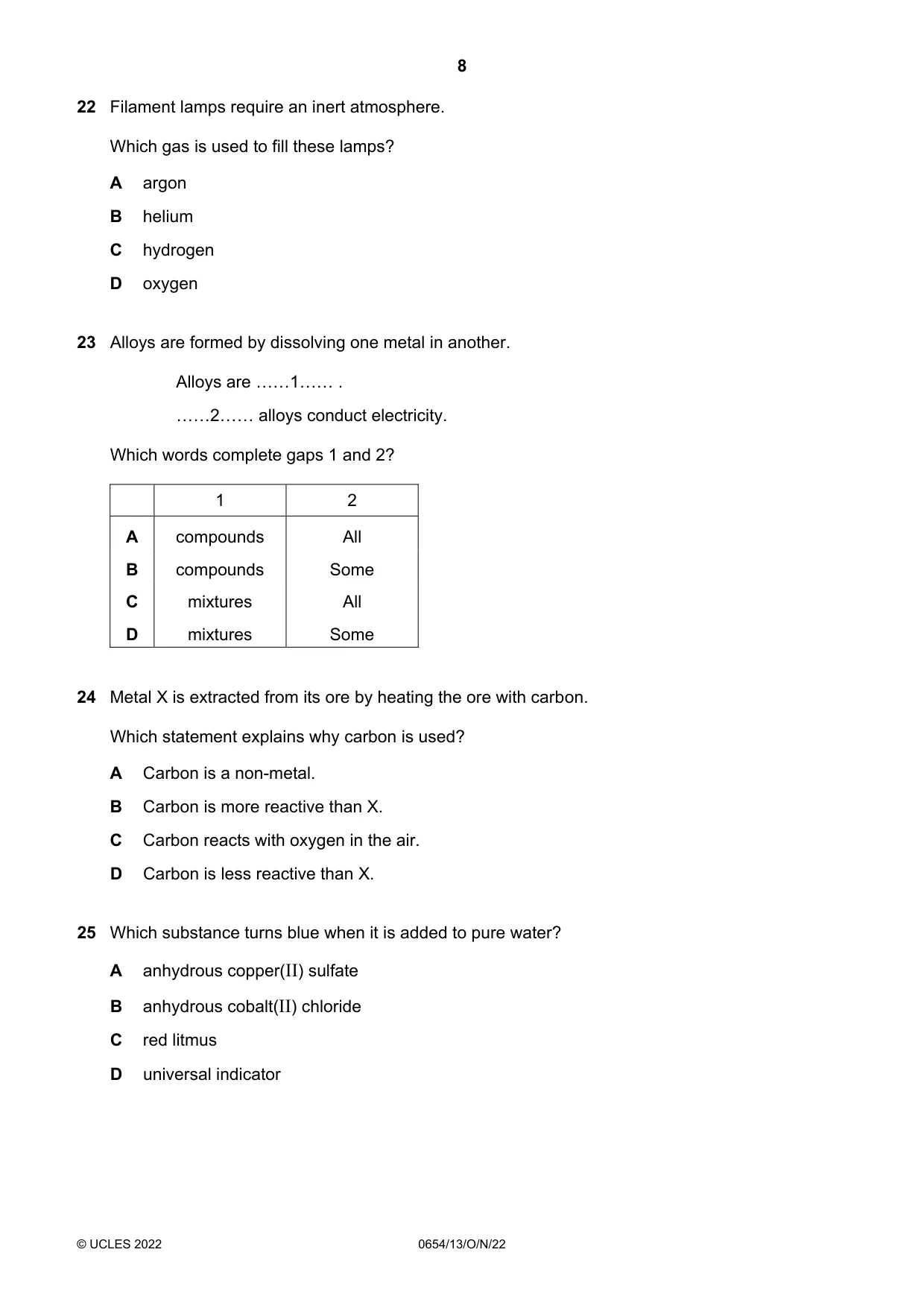 Cambridge IGCSE Sciences - Co-ordinated (Double) 0654 2022 Oct/Nov Paper 1 · Variant 3 question paper, page 8 of 16