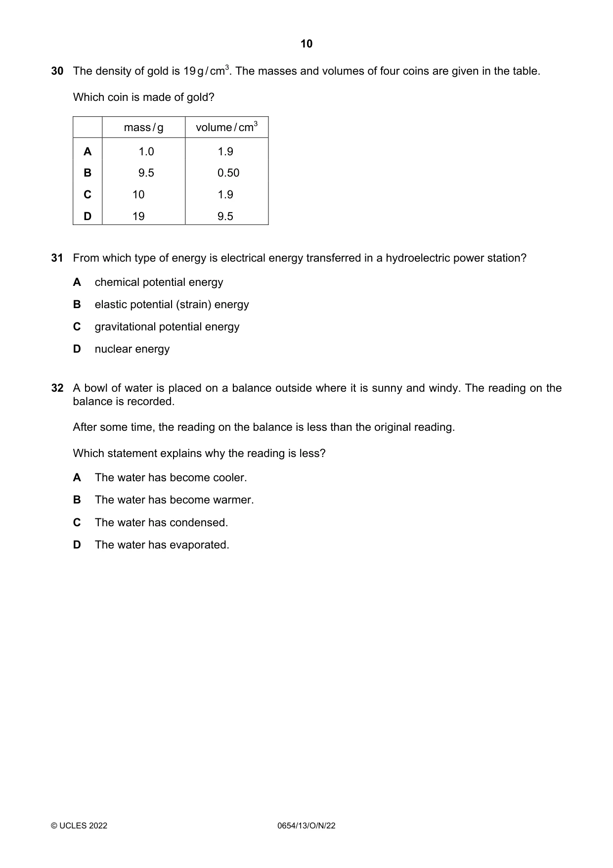 Cambridge IGCSE Sciences - Co-ordinated (Double) 0654 2022 Oct/Nov Paper 1 · Variant 3 question paper, page 10 of 16