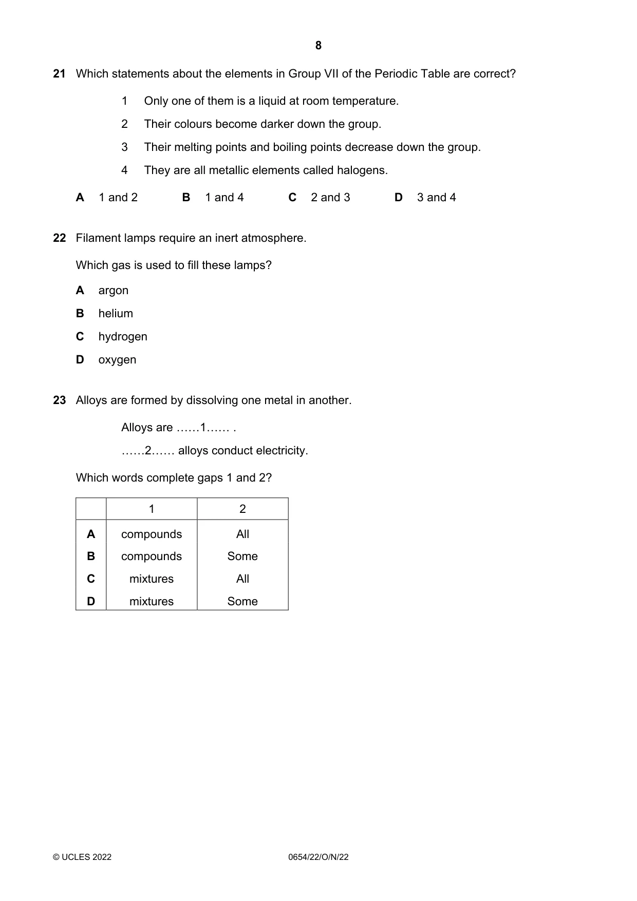 Cambridge IGCSE Sciences - Co-ordinated (Double) 0654 2022 Oct/Nov Paper 2 · Variant 2 question paper, page 8 of 16