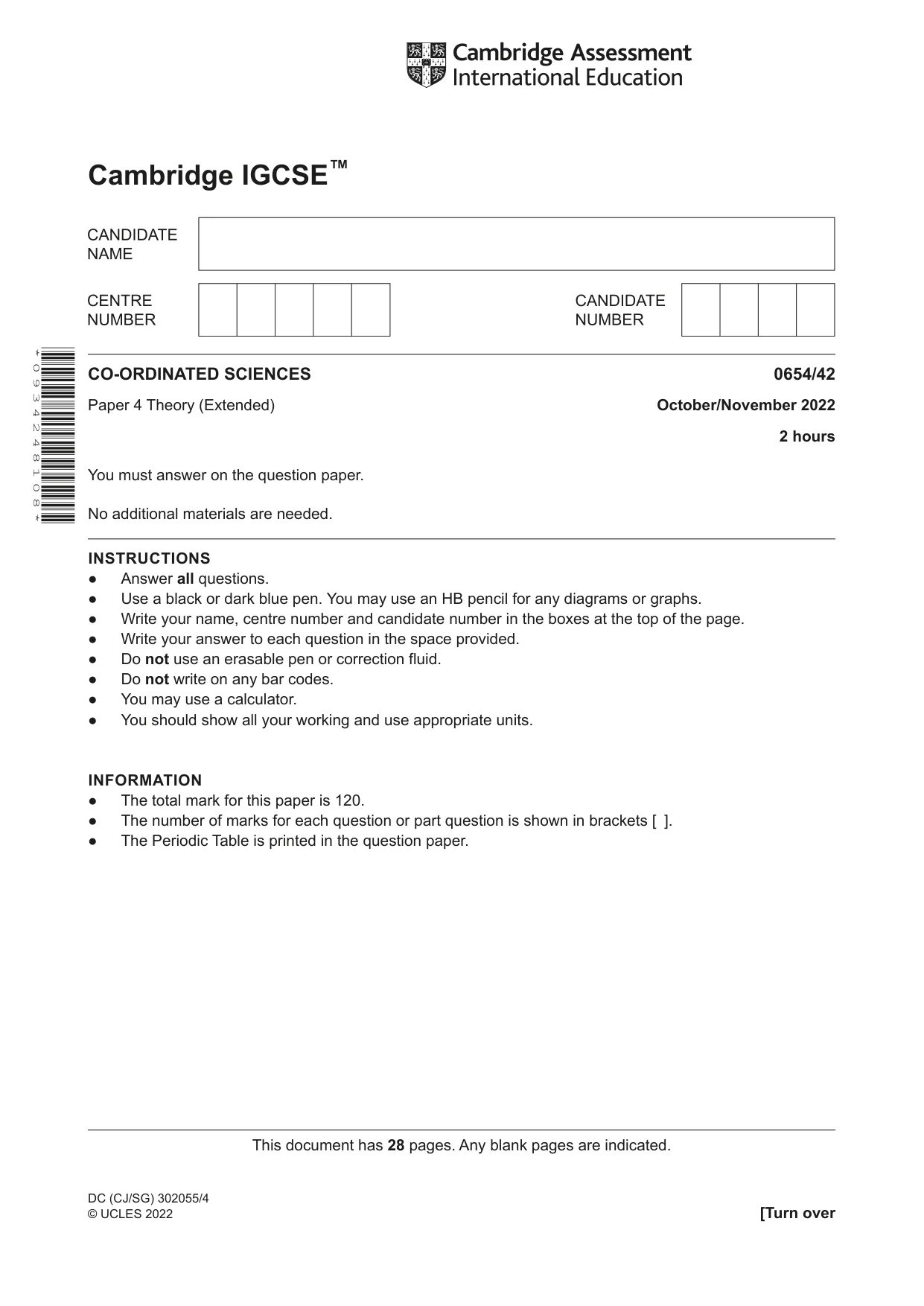 Cambridge IGCSE Sciences - Co-ordinated (Double) 0654 2022 Oct/Nov Paper 4 · Variant 2 question paper, page 1 of 28