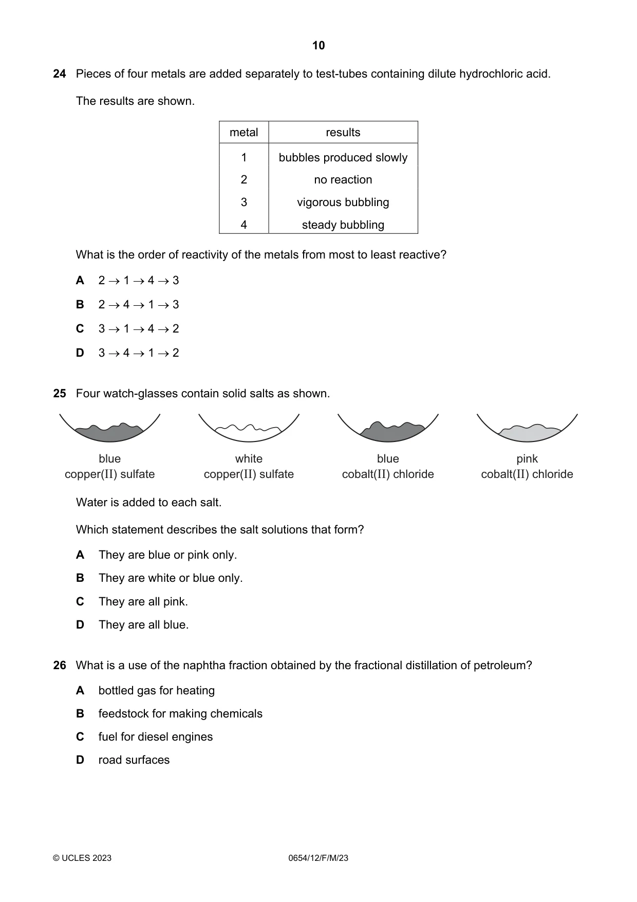 Cambridge IGCSE Sciences - Co-ordinated (Double) 0654 2023 Feb/March Paper 1 · Variant 2 question paper, page 10 of 20