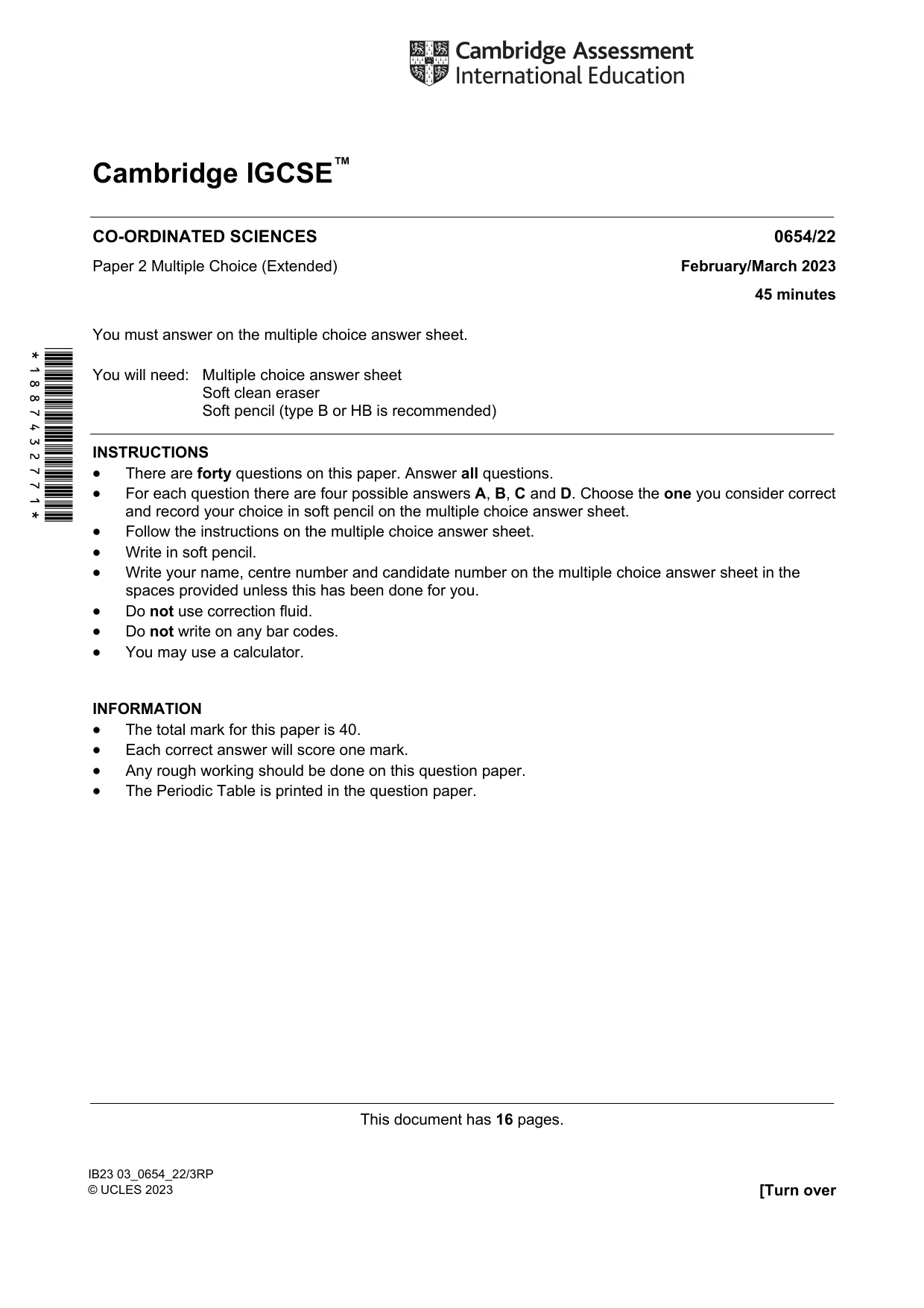 Cambridge IGCSE Sciences - Co-ordinated (Double) 0654 2023 Feb/March Paper 2 · Variant 2 question paper, page 1 of 16