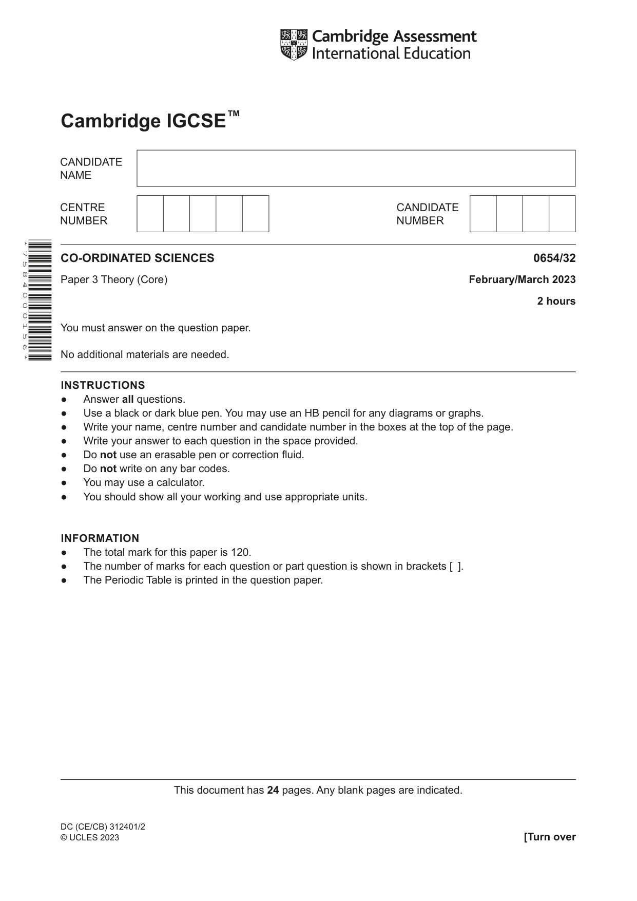 Cambridge IGCSE Sciences - Co-ordinated (Double) 0654 2023 Feb/March Paper 3 · Variant 2 question paper, page 1 of 24