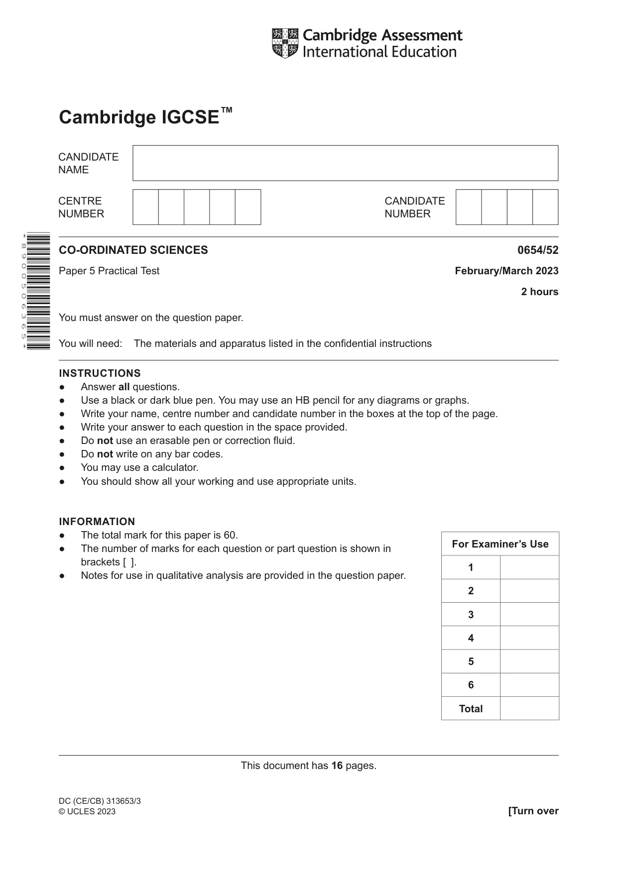Cambridge IGCSE Sciences - Co-ordinated (Double) 0654 2023 Feb/March Paper 5 · Variant 2 question paper, page 1 of 16