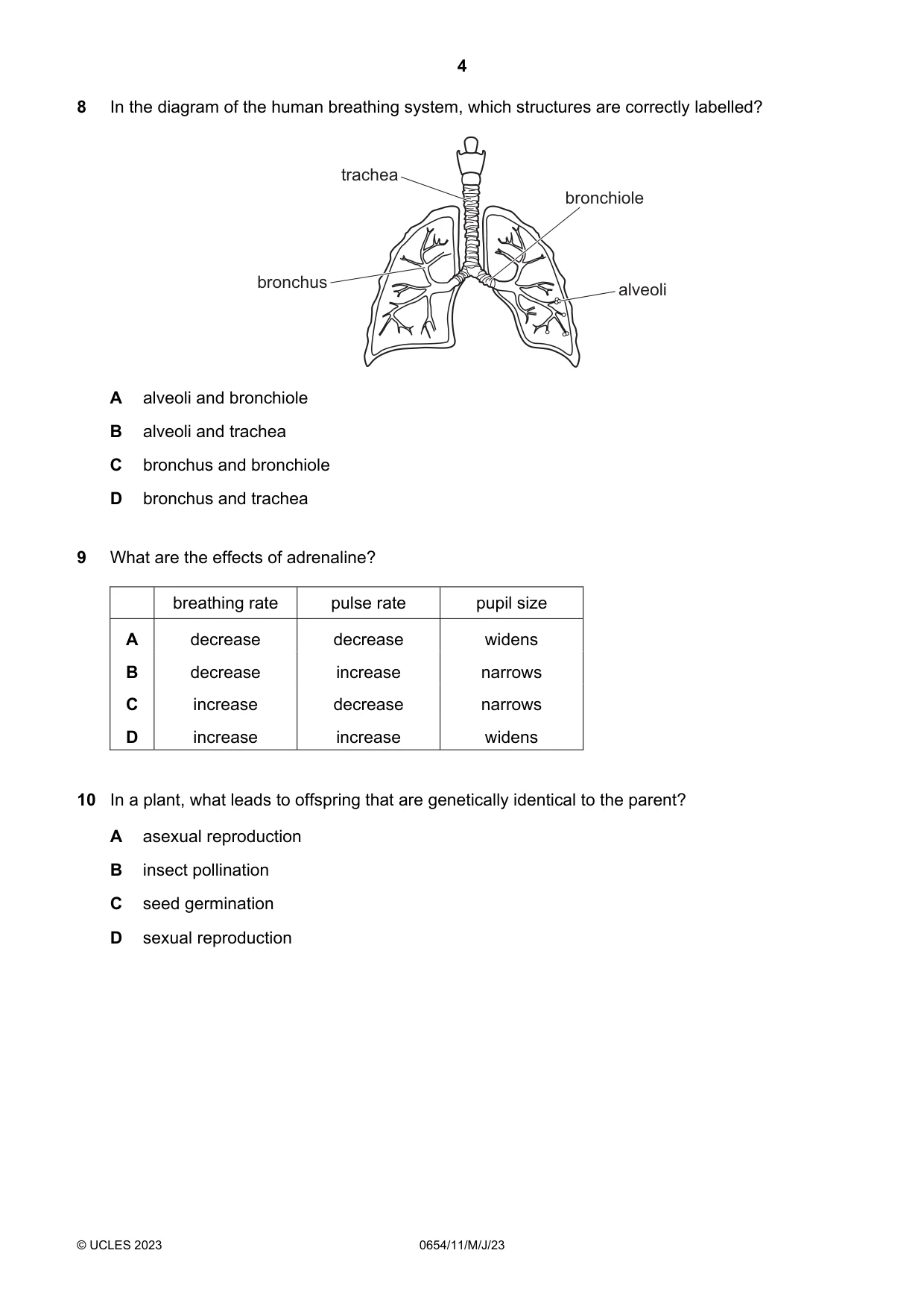 Cambridge IGCSE Sciences - Co-ordinated (Double) 0654 2023 May/June Paper 1 · Variant 1 question paper, page 4 of 16