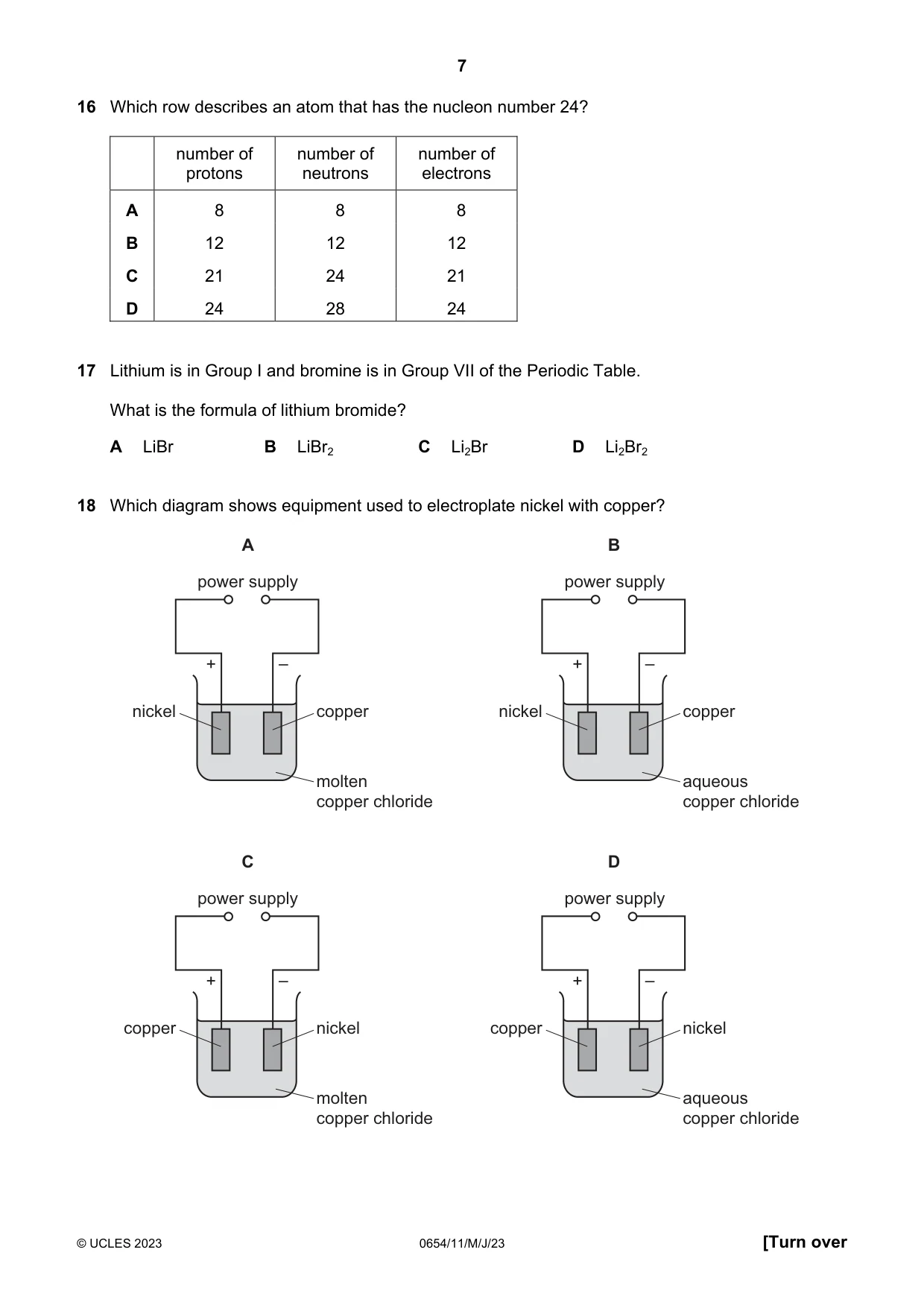 Cambridge IGCSE Sciences - Co-ordinated (Double) 0654 2023 May/June Paper 1 · Variant 1 question paper, page 7 of 16