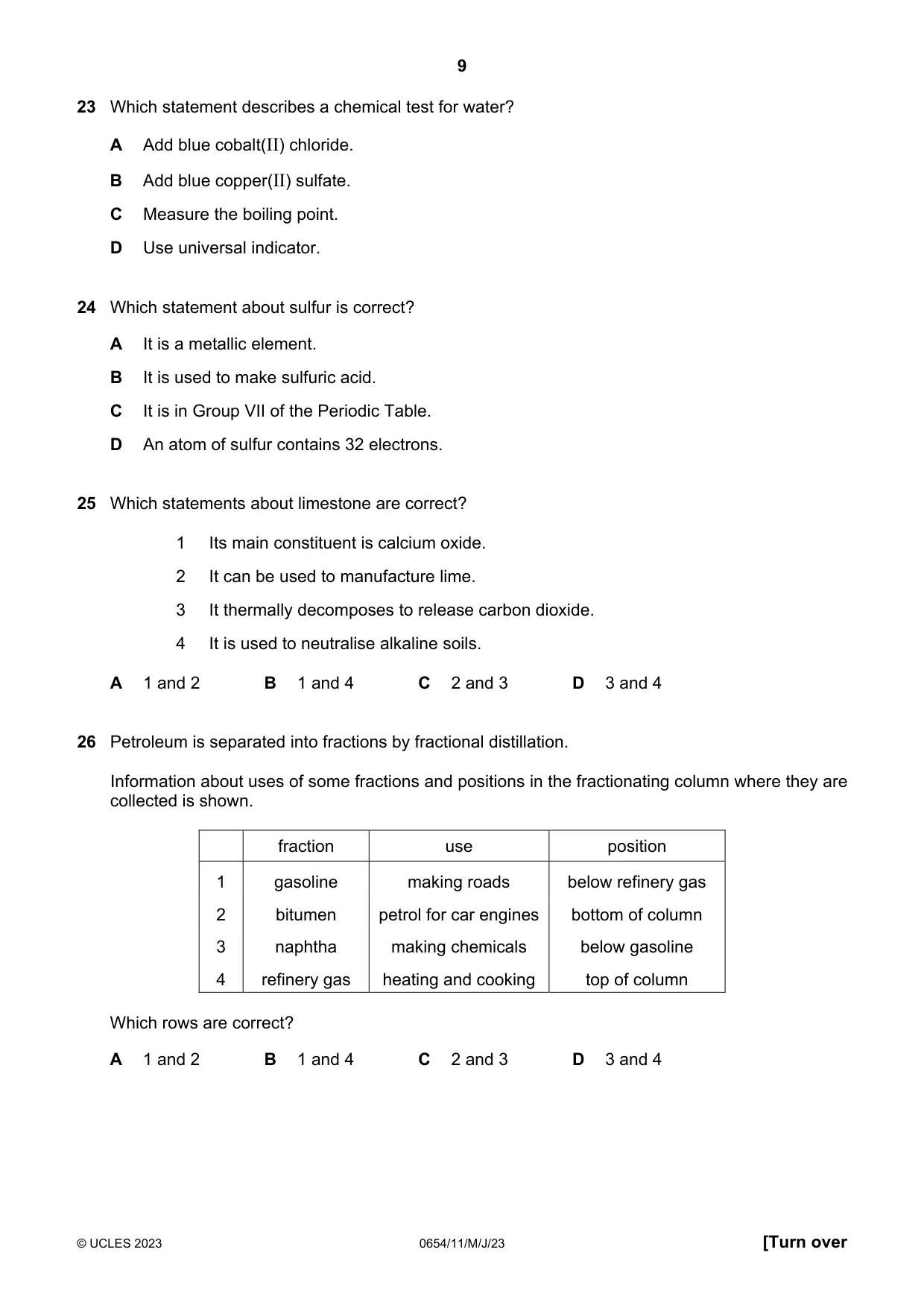 Cambridge IGCSE Sciences - Co-ordinated (Double) 0654 2023 May/June Paper 1 · Variant 1 question paper, page 9 of 16